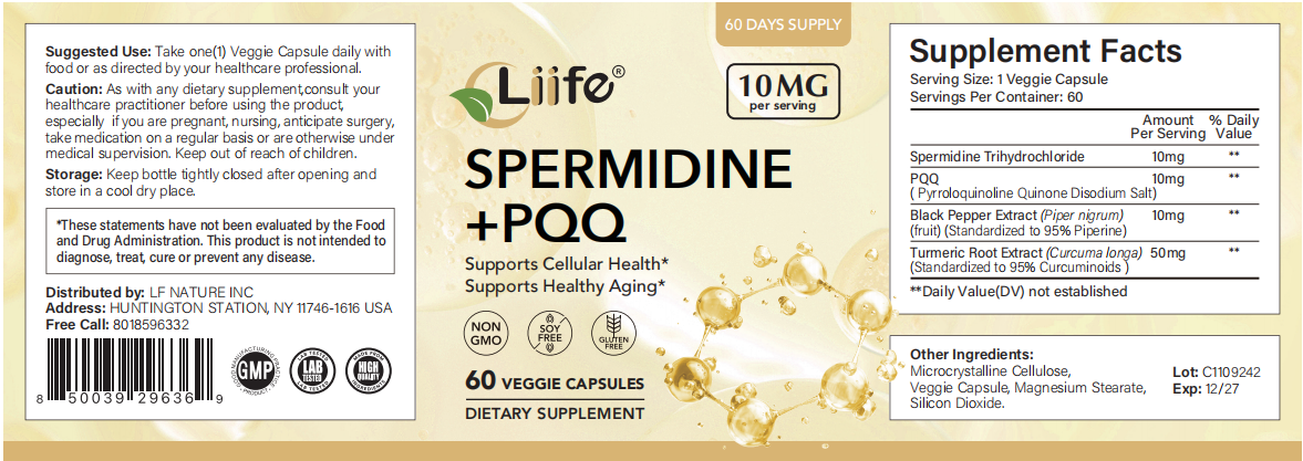 LIIFE Spermidine + PQQ 10mg - Cellular Health & Healthy Aging Support - 60 Veggie Capsules, Made in USA