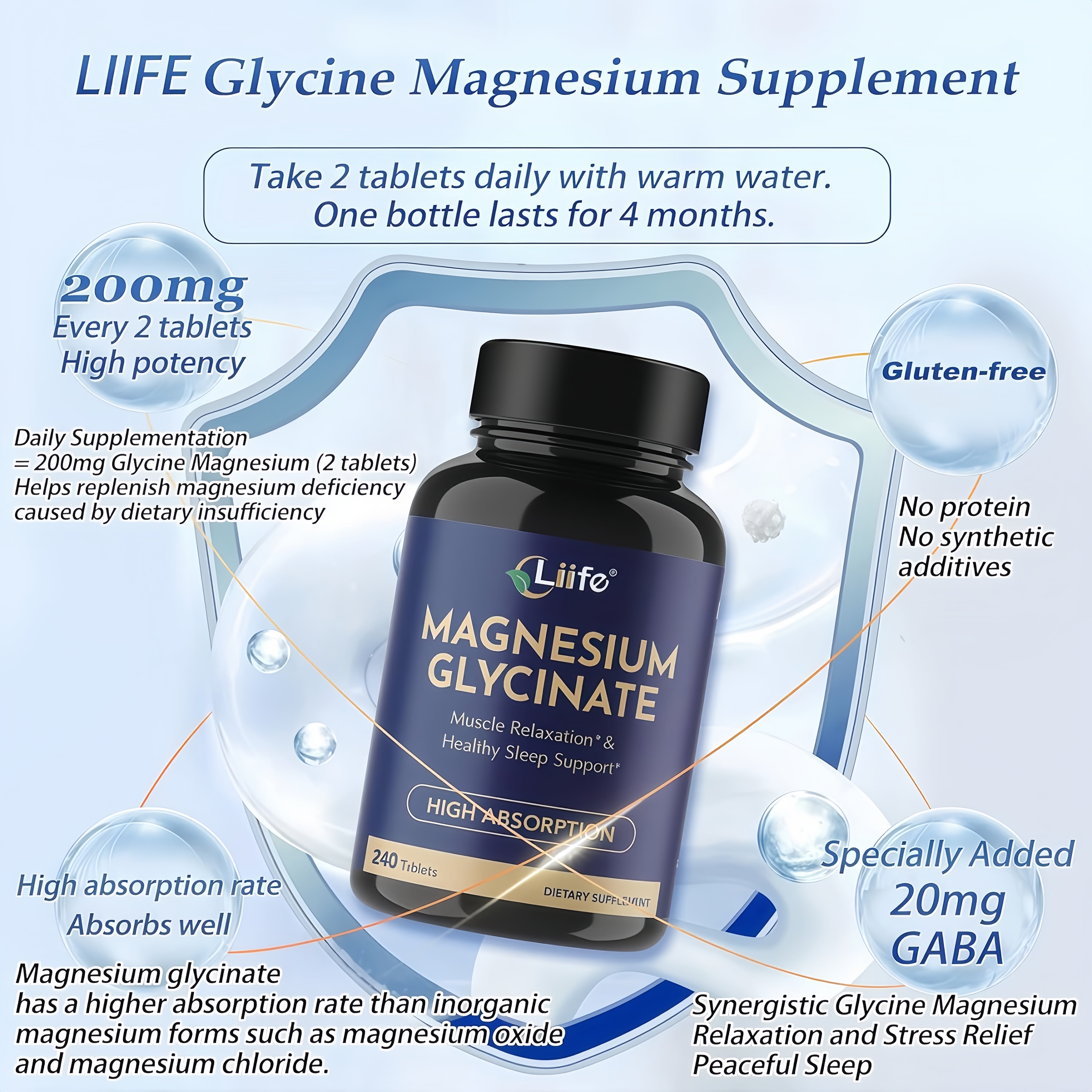 LIIFE Magnesium Glycinate 100mg, Chelated Magnesium with GABA Complex, Supports Restful Sleep, Stress Relief, Bone & Heart Health, High Absorption, 240 Tablets