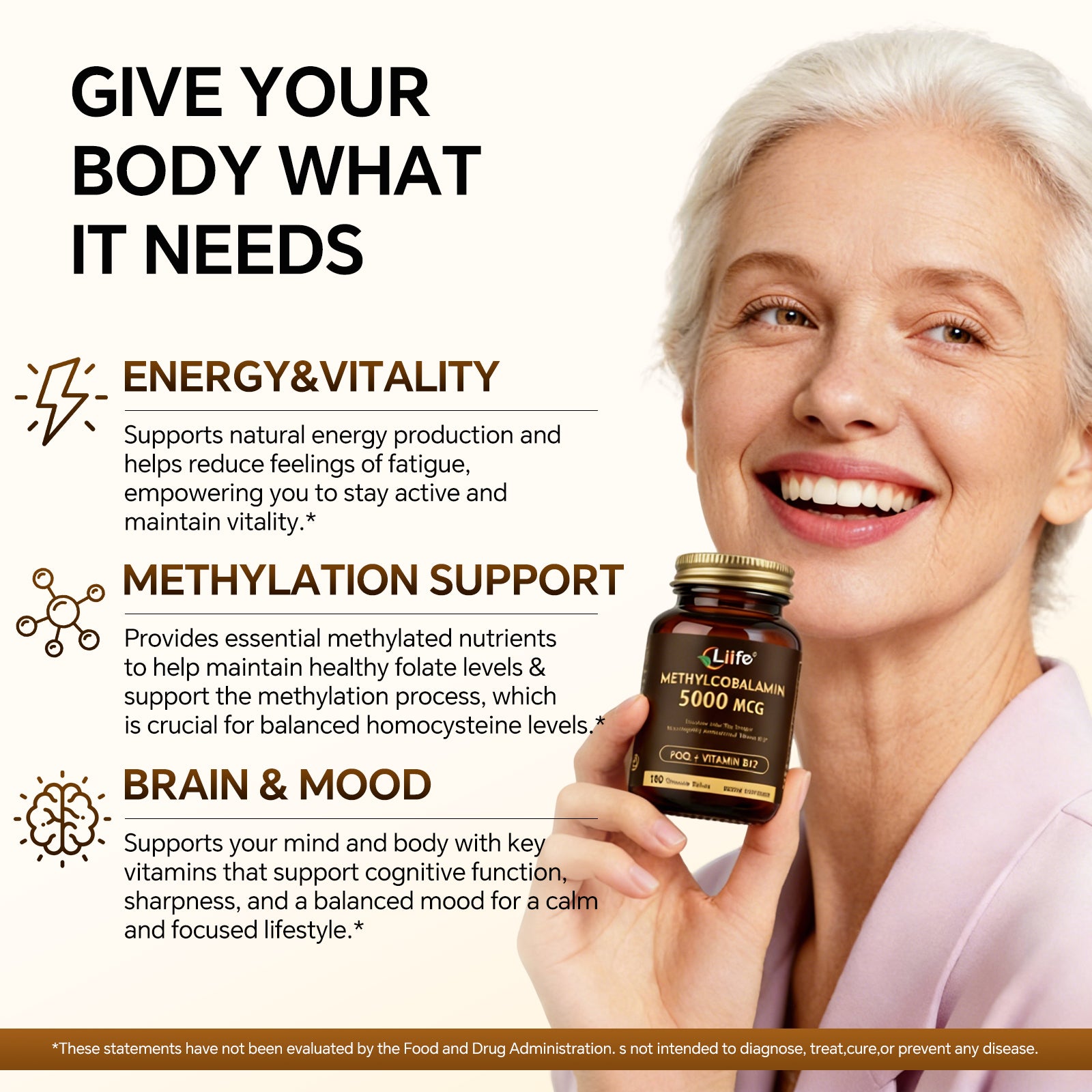 LIIFE Vitamin B12 (Methylcobalamin)+ PQQ 5000 mcg | 180 Chewable Tablets | Supports General Energy, Brain & Nervous System Health | Gluten Free | 1 Capsule per Serving*
