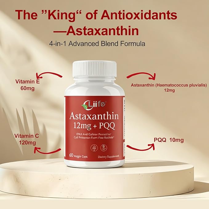 LIIFE Astaxanthin + PQQ | Source of Haematococcus pluvialis | Supports Eye, Joint, Skin & Internal Circulation Health | Natural Tanning & Antioxidant Support | 60 Softgels