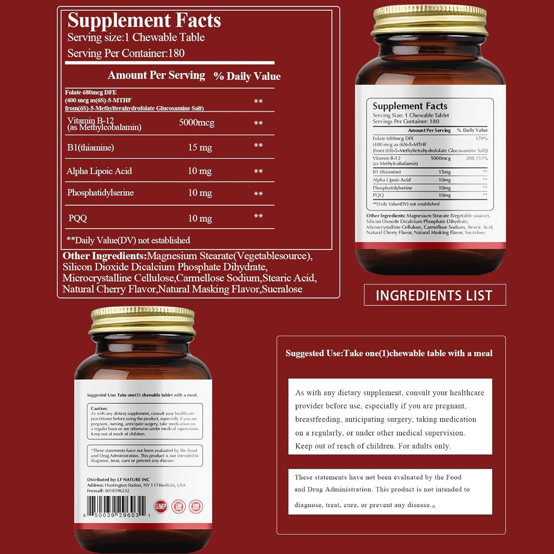 LIIFE Methylcobalamin (Higher PQQ + Vitamin B12) 5000 mcg | Boosts Antioxidant Power & Mitochondrial Support, Promotes Brain & Nerve Health | 180 Chewable Tablets, Gluten-Free Formula, Cherry Flavor