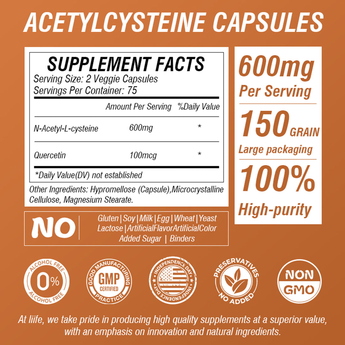 LIIFE NAC (N-Acetylcysteine), 600mg, with L-Methylfolate and Quercetin, Antioxidant, Respiratory Health, Immune & Thyroid Support, Non-GMO, Gluten-Free, Soy-Free, 150 Vegan Capsules