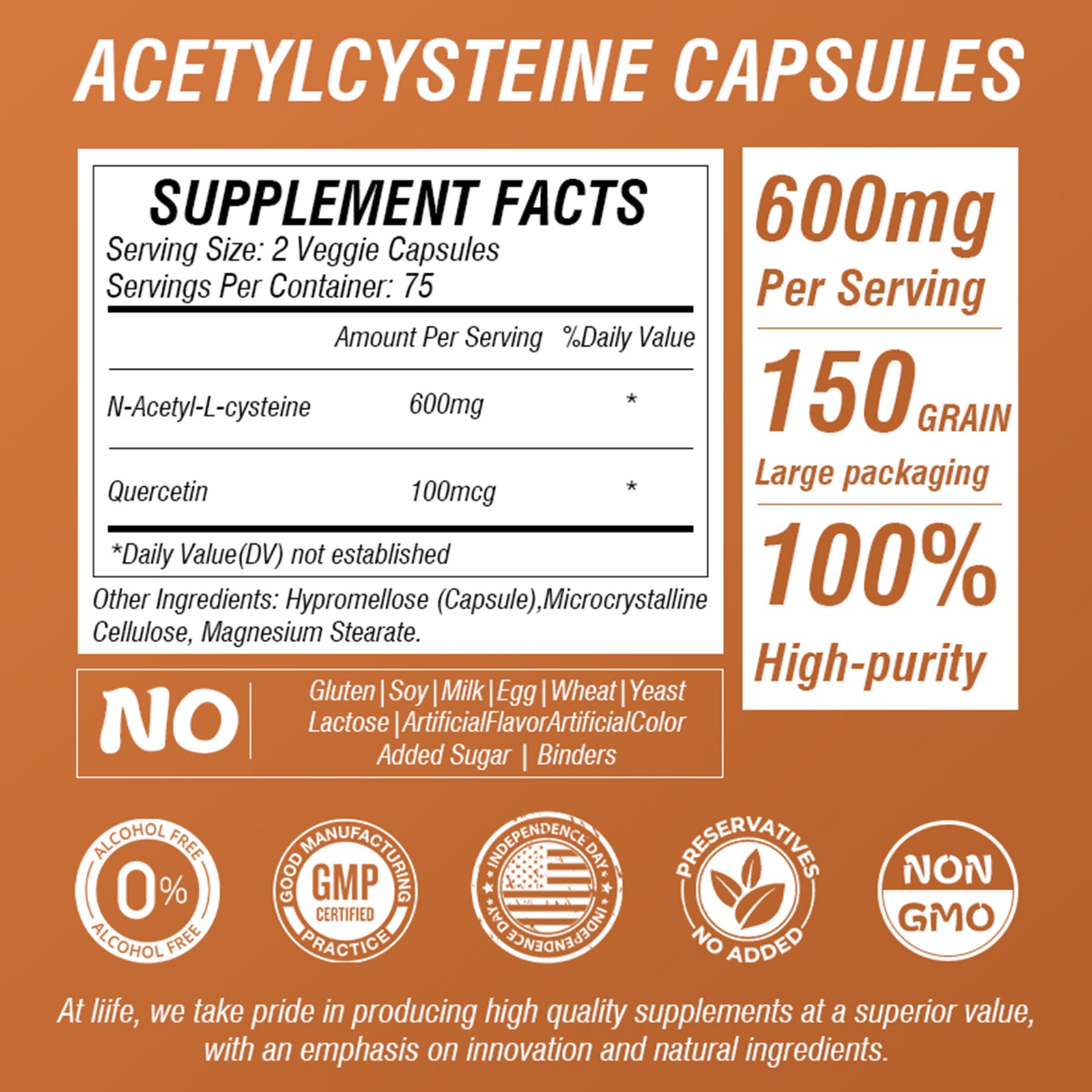 LIIFE NAC (N-Acetylcysteine), 600mg, with L-Methylfolate and Quercetin, Antioxidant, Respiratory Health, Immune & Thyroid Support, Non-GMO, Gluten-Free, Soy-Free, 150 Vegan Capsules