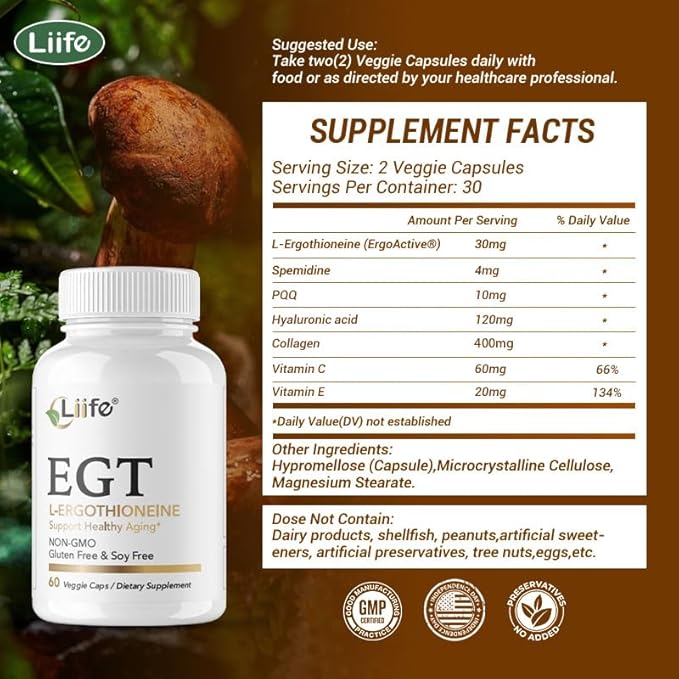 LIIFE L-Ergothioneine Supplement (EGT) 30mg,Compound Antioxidant Supplement (May Support Longevity and Healthy Aging) Promotes Skin Health，60 Capsules，Non-GMO, Gluten Free, Vegan Safe