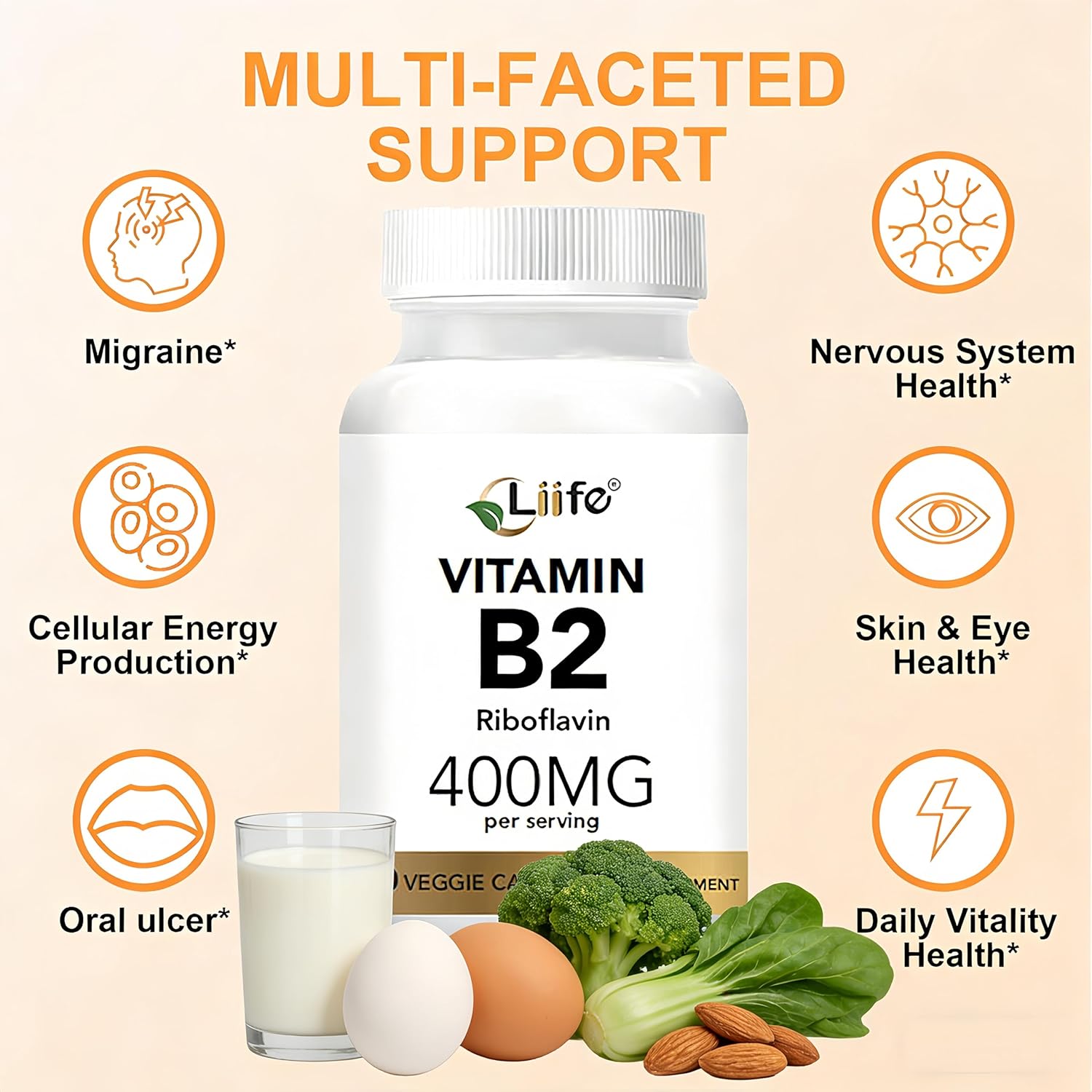 LIIFE High-Dose Vitamin B2 (Riboflavin) 400mg - 180 Vegan Capsules, Energy Metabolism & Mucous Membrane Support, Skin Health Supports Migraine Relief, Gluten-Free Non-GMO