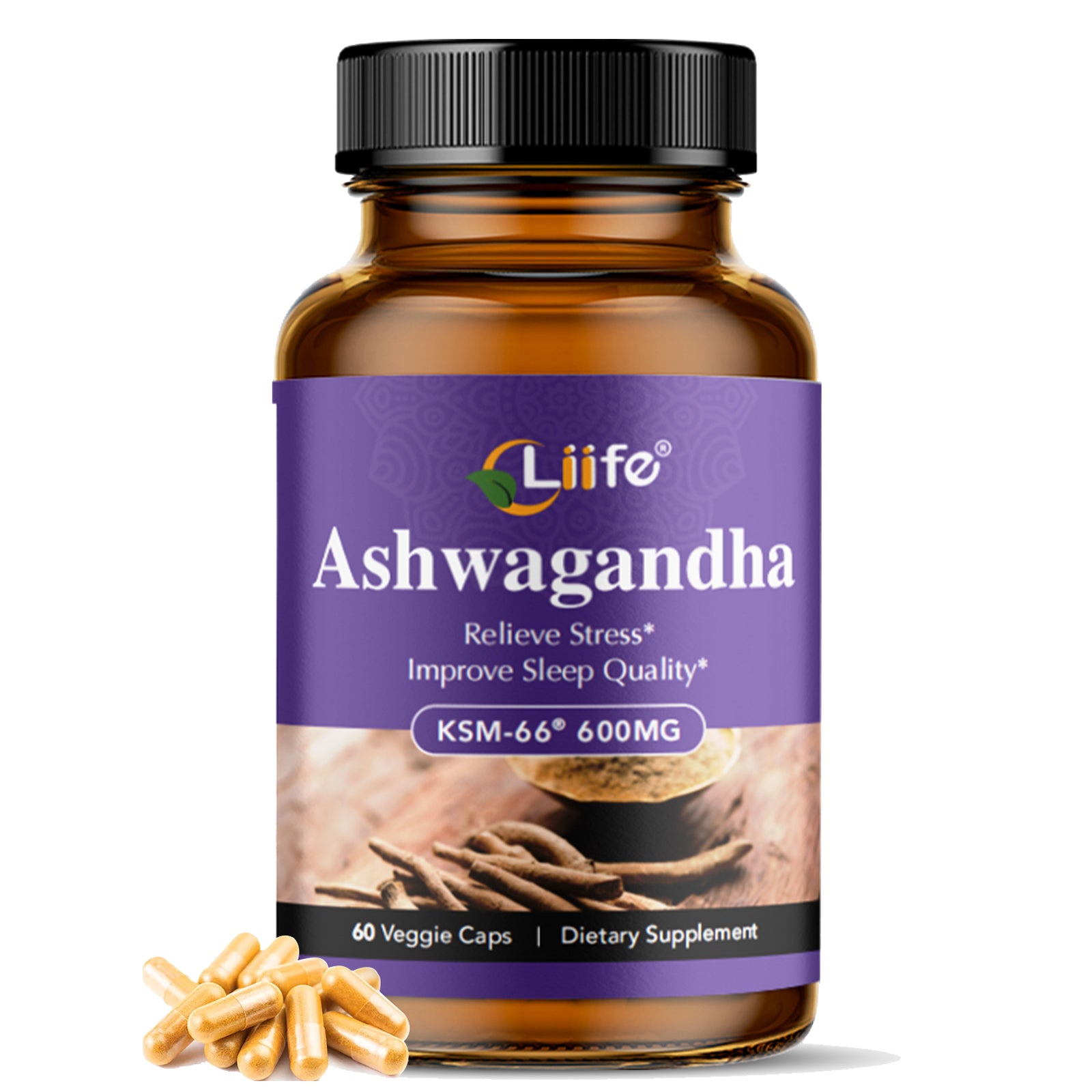 LIIFE KSM-66 Ashwagandha | with L-Theanine &Black Pepper| Natural Stress Relief, Cortisol & Sleep Aid Supplement for Men & Women | Muscle Growth & Mood Relaxation, Energy |60 Veggie Capsules