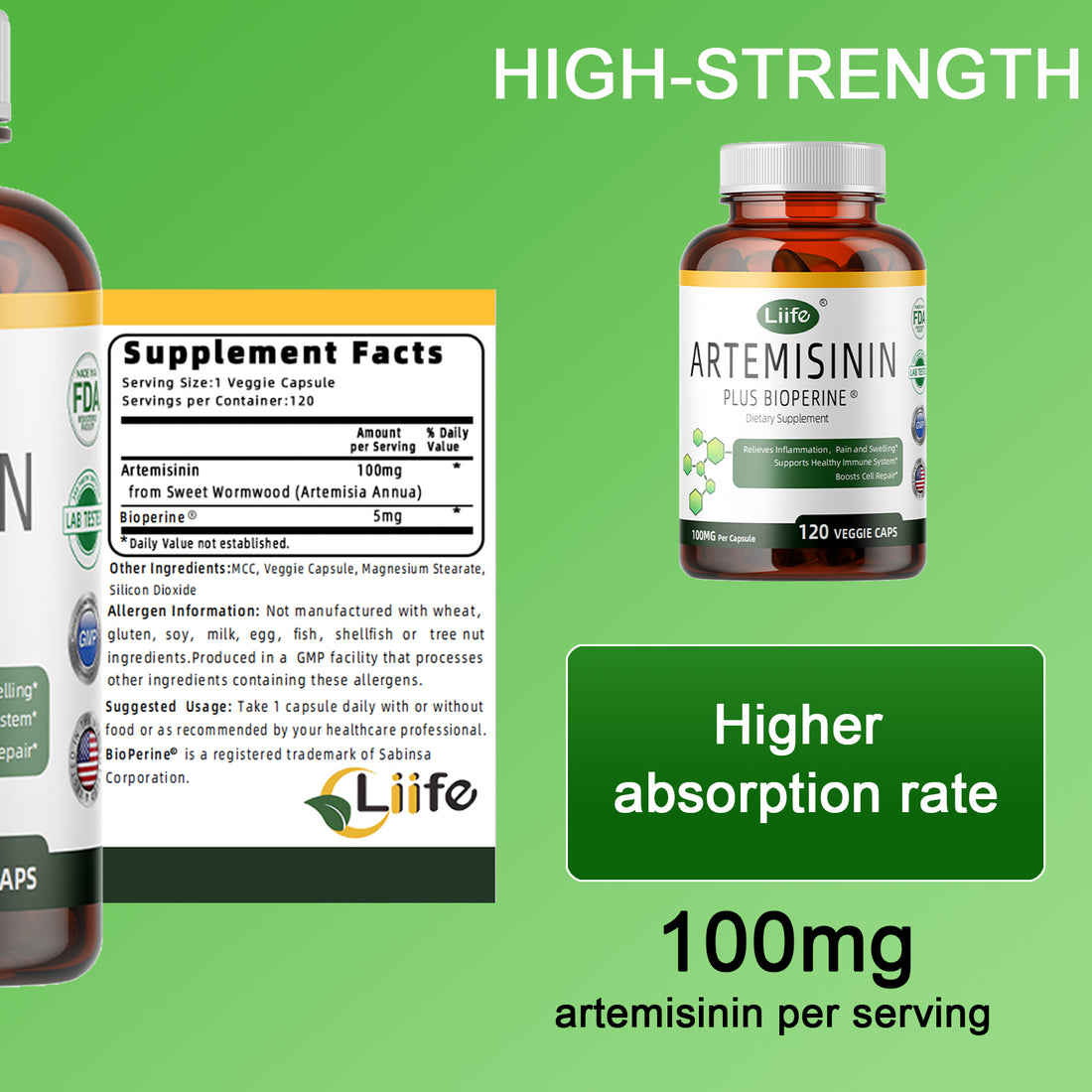 LIIFE Artemisinin (from Sweet Wormwood) with Bioperine, 100mg — Supports Immune System, Cellular Health, and Enhanced Absorption, Non-GMO, 120 Vegetarian Capsules