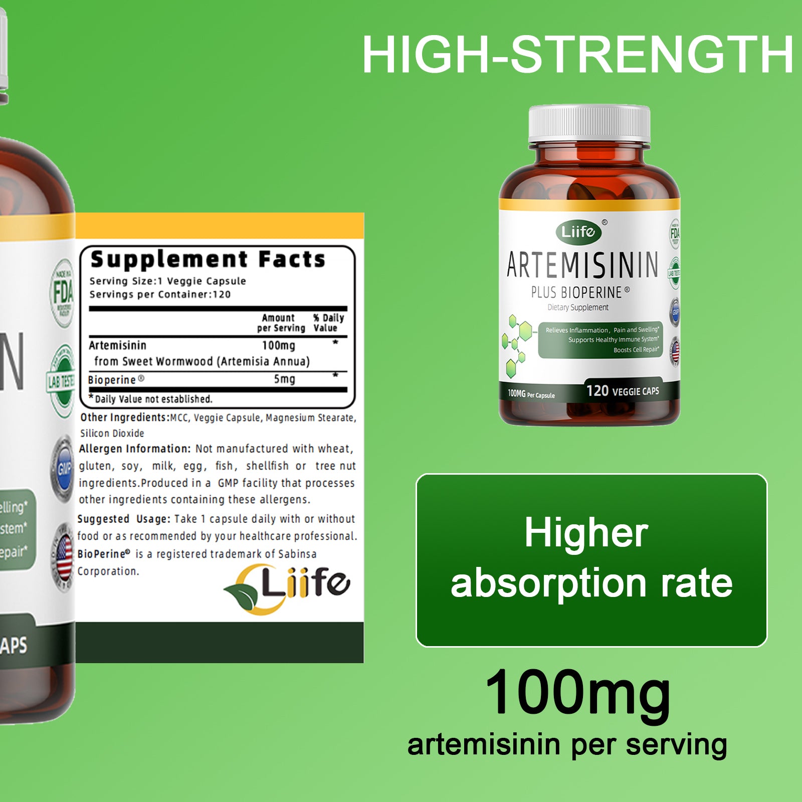 LIIFE Artemisinin (from Sweet Wormwood) with Bioperine, 100mg — Supports Immune System, Cellular Health, and Enhanced Absorption, Non-GMO, 120 Vegetarian Capsules