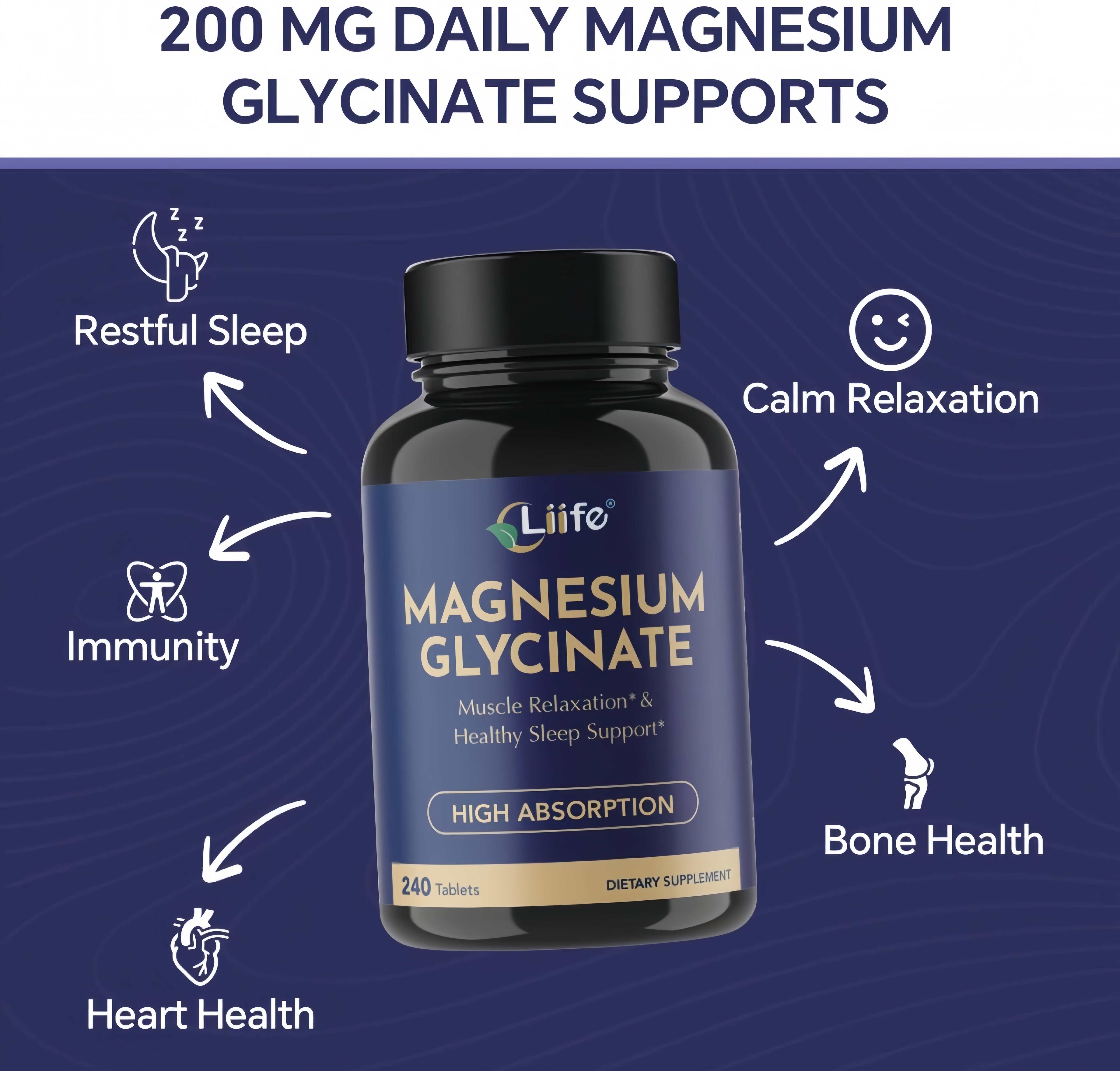 LIIFE Magnesium Glycinate 100mg, Chelated Magnesium with GABA Complex, Supports Restful Sleep, Stress Relief, Bone & Heart Health, High Absorption, 240 Tablets