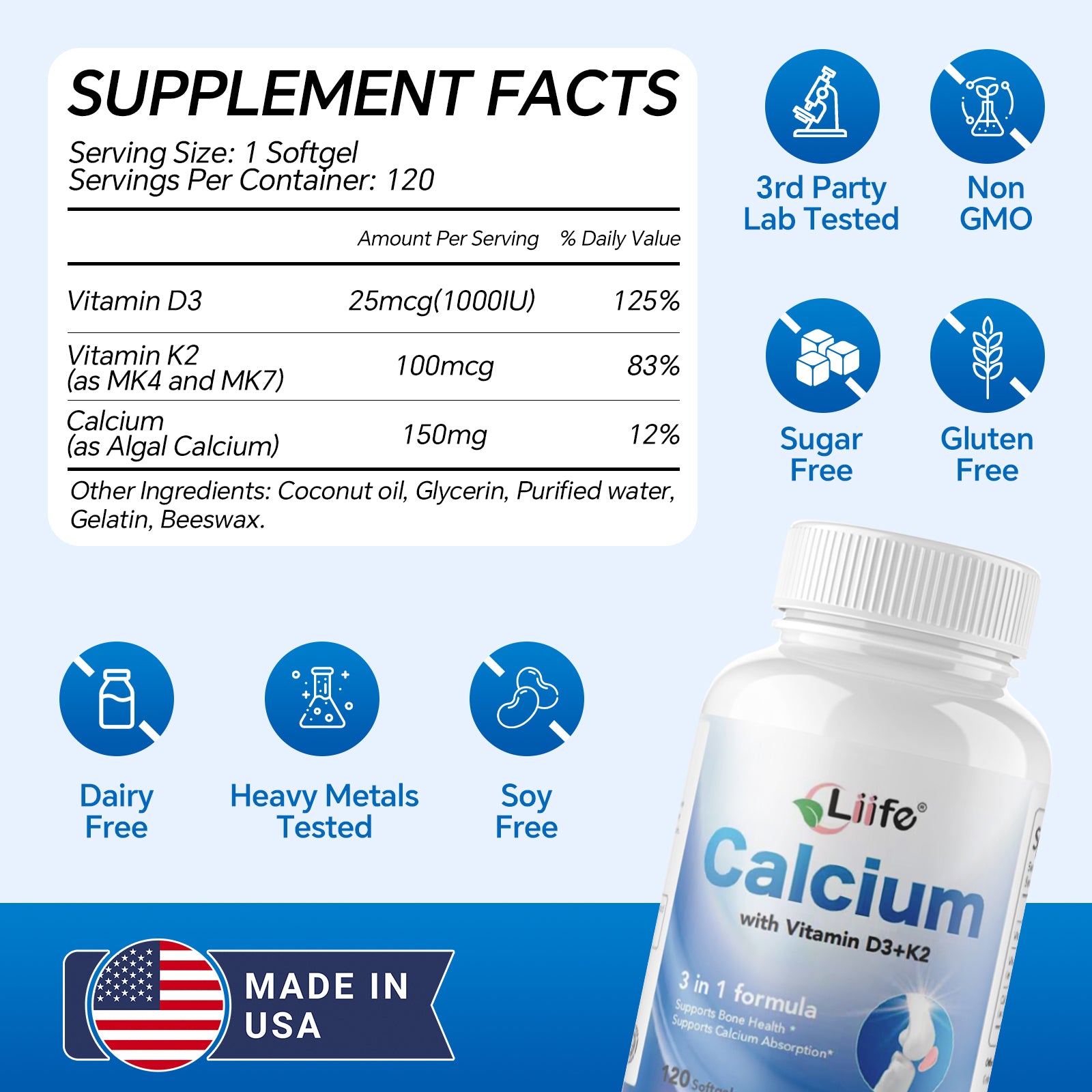 LIIFE 150mg Calcium with Vitamin D3 & K2 (as MK4 & MK7) Coconut Oil Formula, Supports Bone Health, Calcium Absorption & Joint Support, 120 Softgels, 120-Day Supply