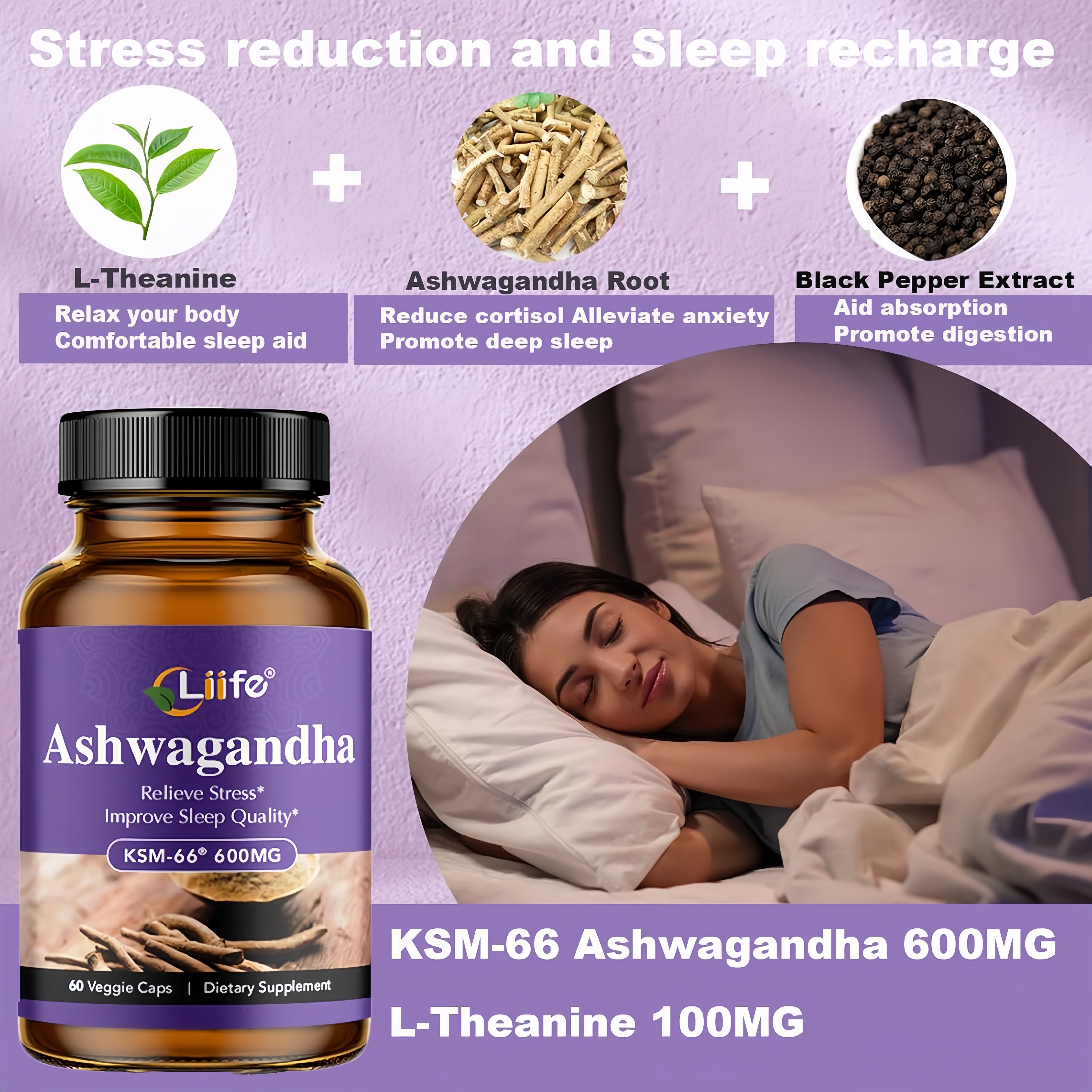 LIIFE KSM-66 Ashwagandha | with L-Theanine &Black Pepper| Natural Stress Relief, Cortisol & Sleep Aid Supplement for Men & Women | Muscle Growth & Mood Relaxation, Energy |60 Veggie Capsules
