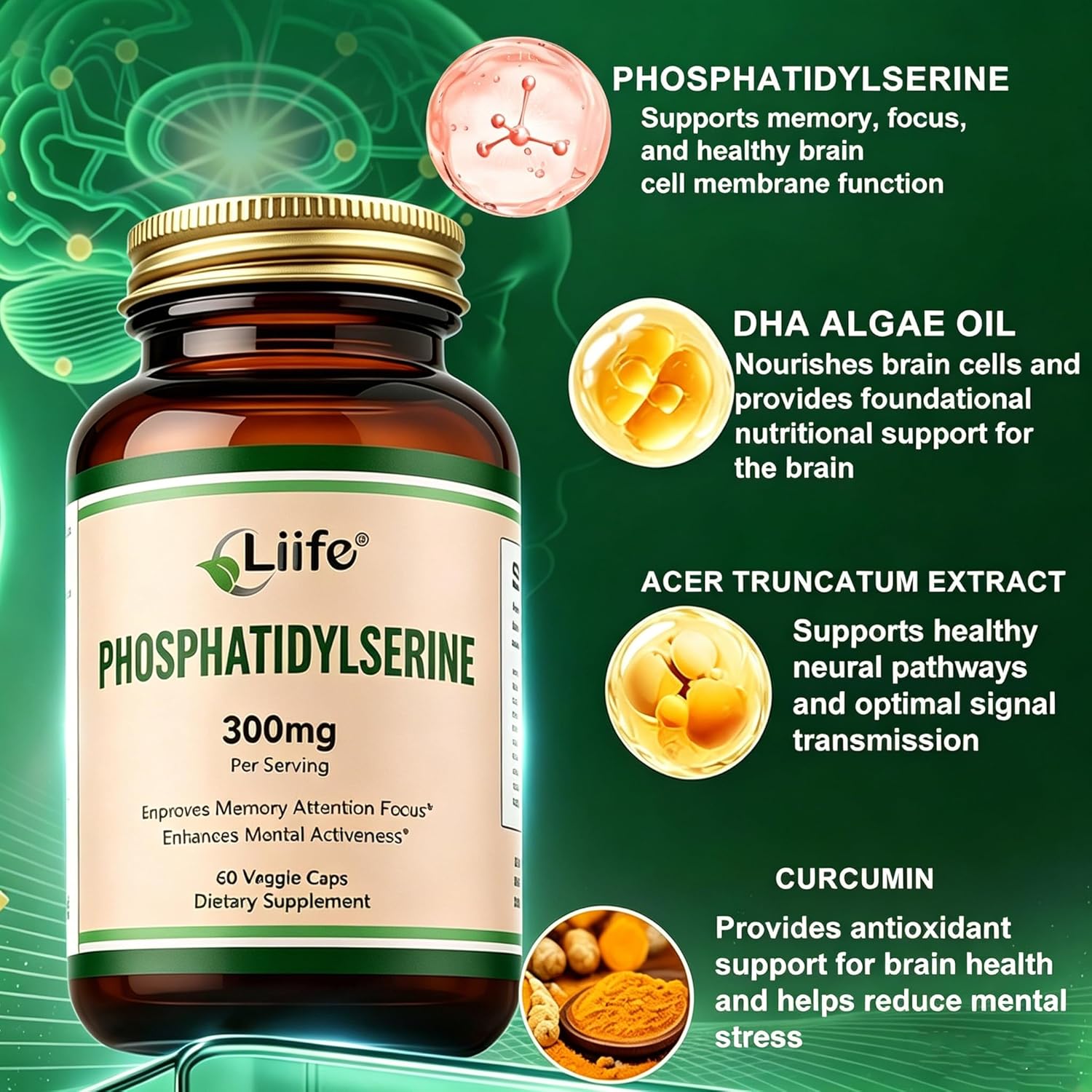 Liife Phosphatidylserine Supplement 300mg Per Serving,60 Veggie Caps，4-in-1 PS Supplement,Supports Cognitive Health and Brain Function