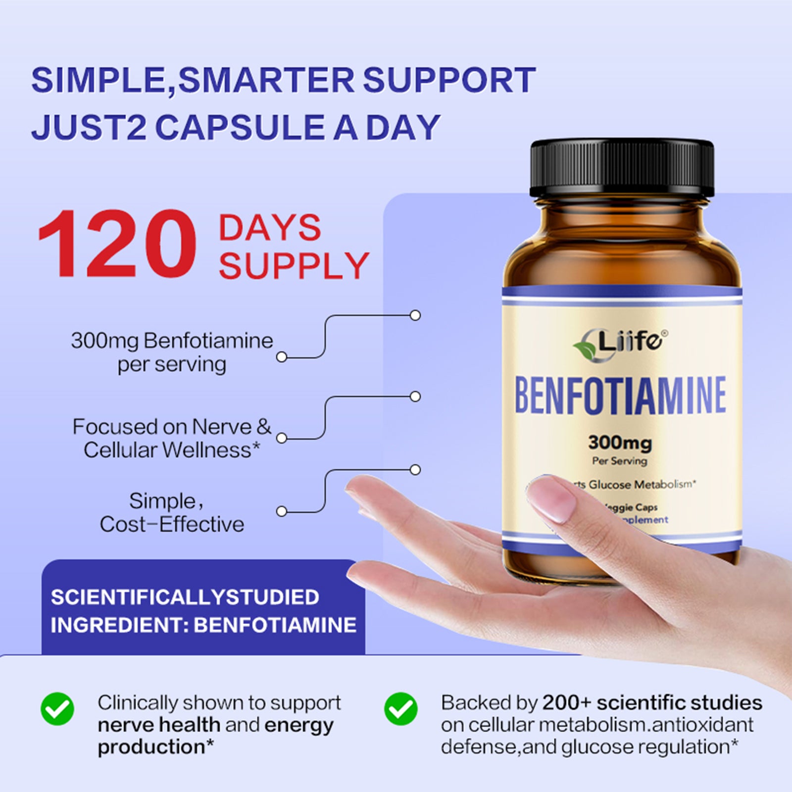 LIIFE Benfotiamine 300mg Per Serving with Leucine Supports Glucose Metabolism & Overall Health,Fat Soluble Vitamin B1 Supplement -120 Veggie Capsules
