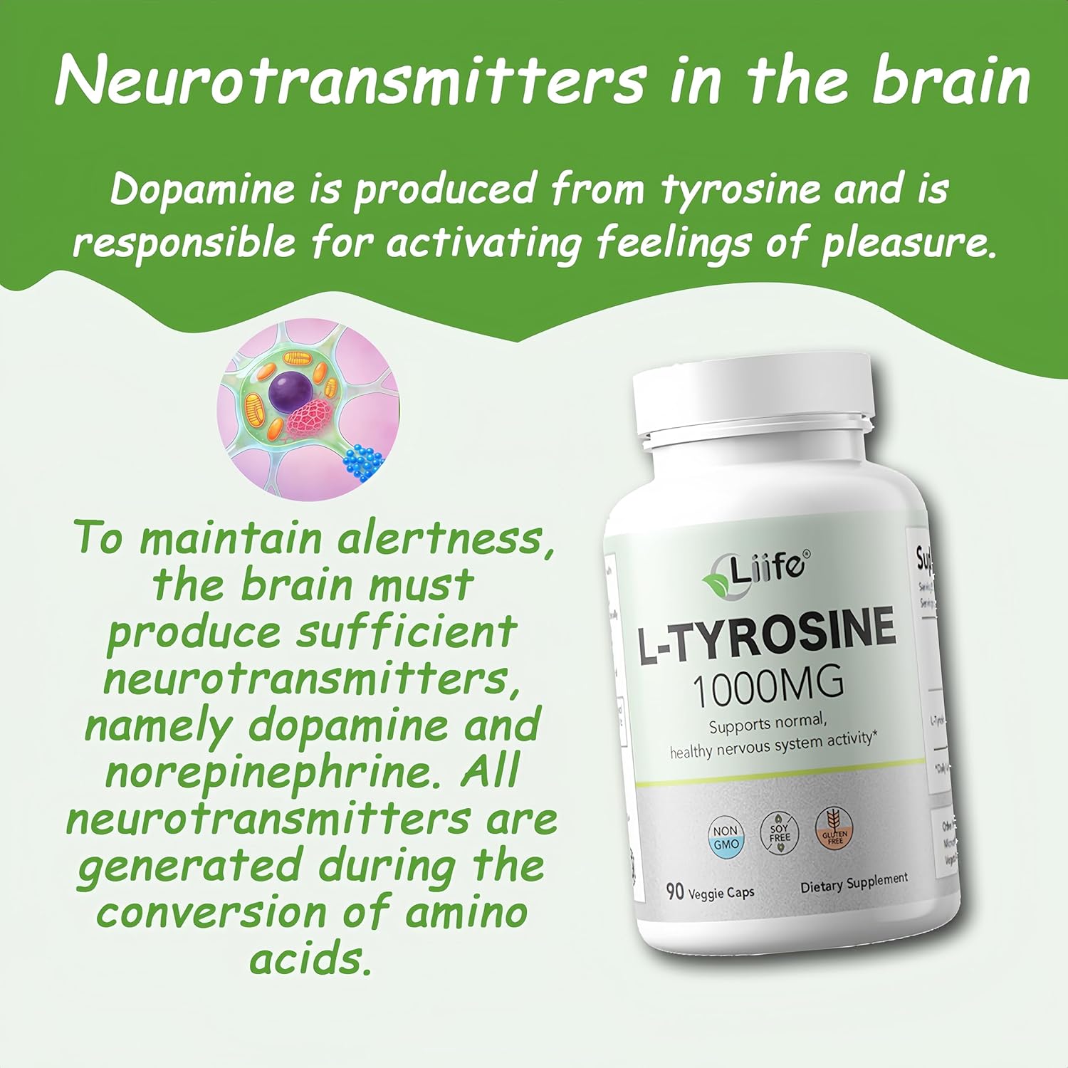 LIIFE L-Tyrosine 1000mg, Supports Normal Healthy Nervous System Activity, enhances Focus, and eases Mood* - 90 Capsules - Gluten-Free & Non-GMO