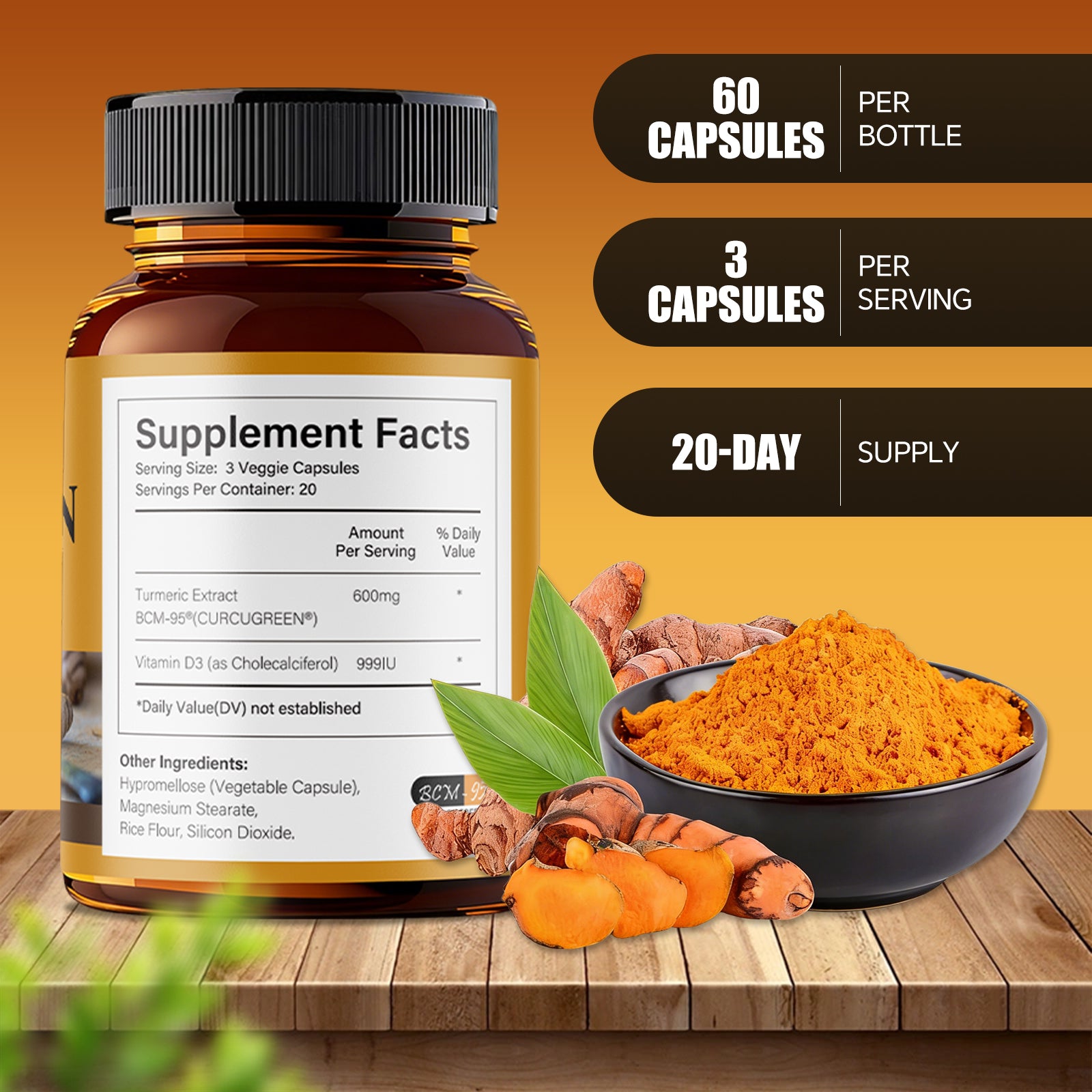 LIIFE Turmeric Curcumin Supplement BCM-95® Curcuminoids- 600mg Organic Turmeric with Vitamin D3 Per Serving High Absorption-Non GMO Tumeric Capsules for Joint Support,Bottled in USA - 60 Capsules