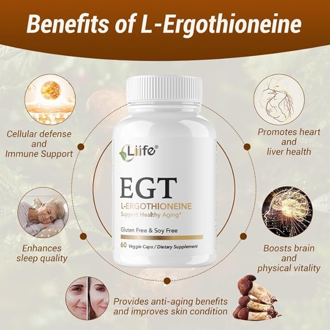 LIIFE L-Ergothioneine Supplement (EGT) 30mg,Compound Antioxidant Supplement (May Support Longevity and Healthy Aging) Promotes Skin Health，60 Capsules，Non-GMO, Gluten Free, Vegan Safe