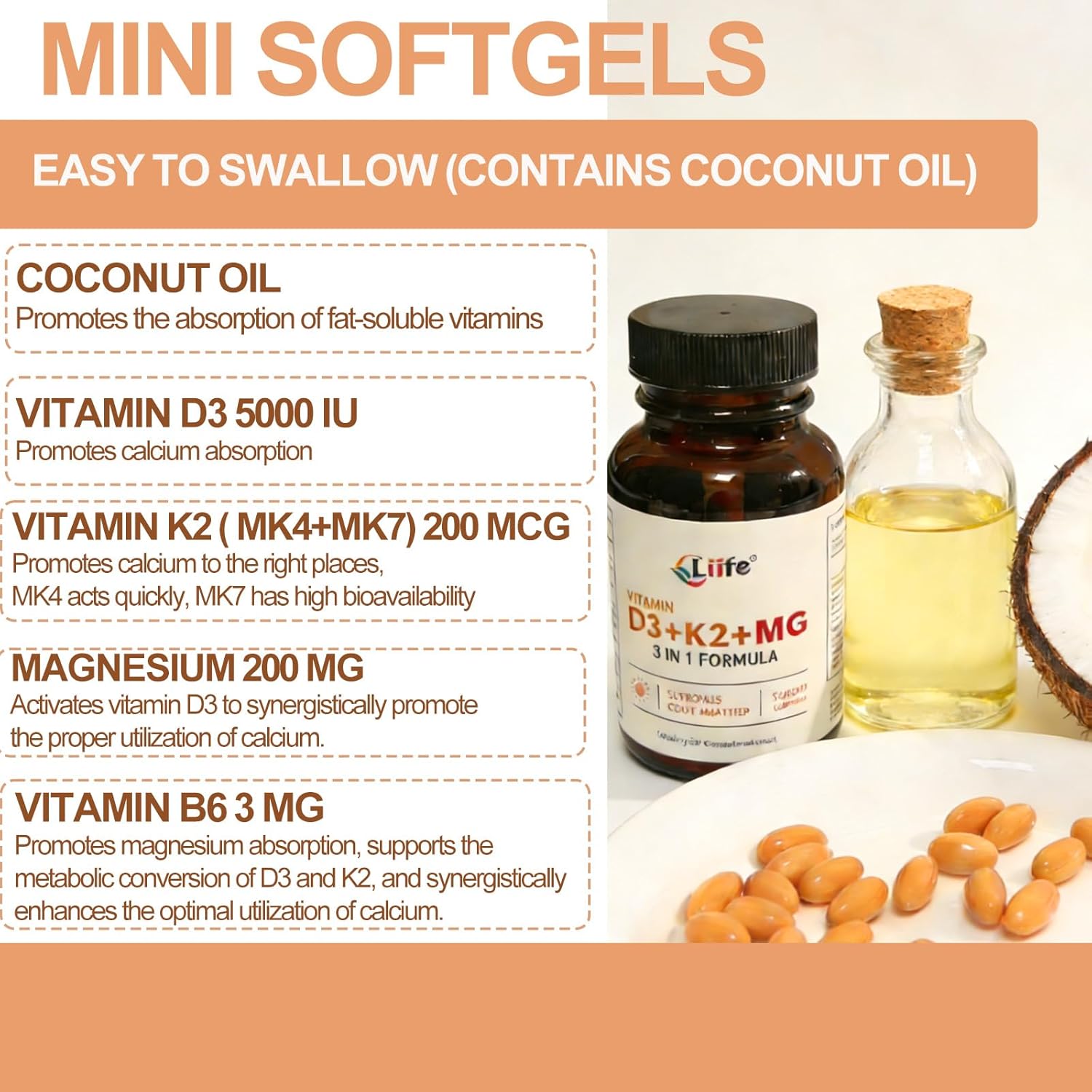 LIIFE Vitamin D3 K2 with Magnesium Bisglycinate & Vitamin B6| D3 5000 IU | K2 (MK7&MK4) 200mcg | Vitamin B6 3mg | Magnesium 200mg | High Absorption | Coconut Oil | Gluten Free | Non-GMO