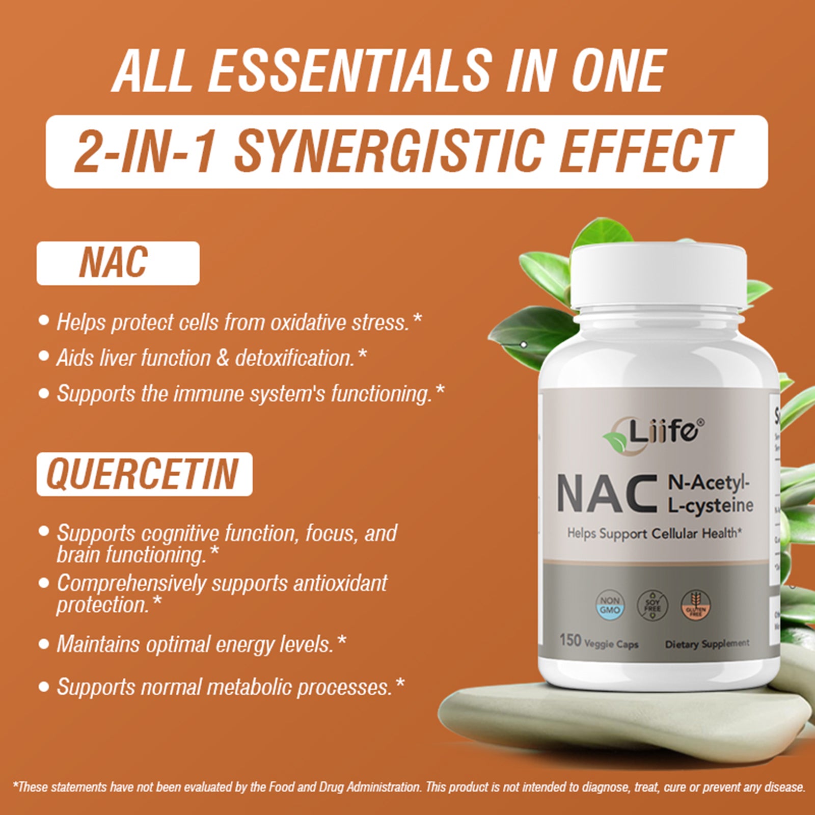 LIIFE NAC (N-Acetylcysteine), 600mg, with L-Methylfolate and Quercetin, Antioxidant, Respiratory Health, Immune & Thyroid Support, Non-GMO, Gluten-Free, Soy-Free, 150 Vegan Capsules
