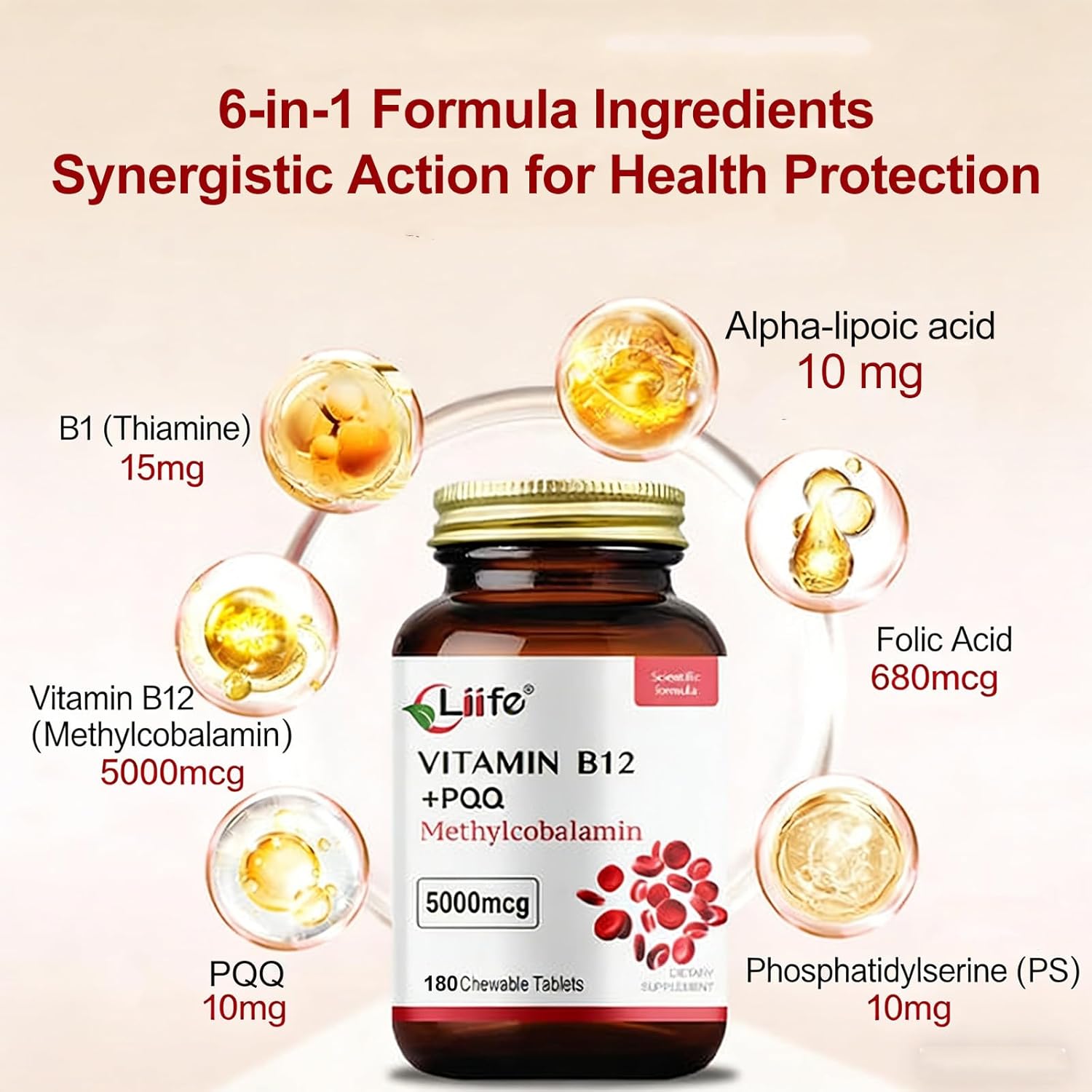 LIIFE Methylcobalamin (Higher PQQ + Vitamin B12) 5000 mcg | Boosts Antioxidant Power & Mitochondrial Support, Promotes Brain & Nerve Health | 180 Chewable Tablets, Gluten-Free Formula, Cherry Flavor