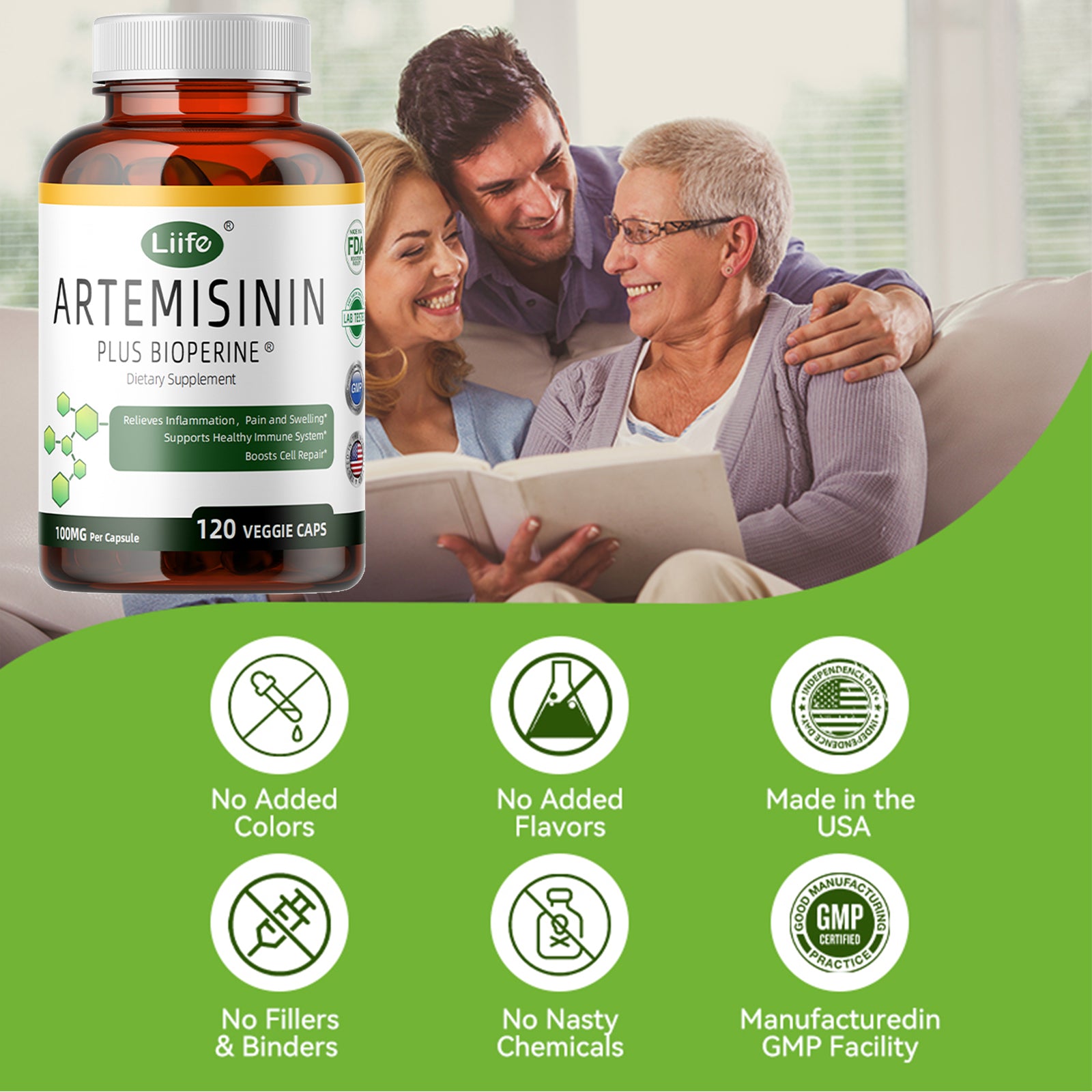 LIIFE Artemisinin (from Sweet Wormwood) with Bioperine, 100mg — Supports Immune System, Cellular Health, and Enhanced Absorption, Non-GMO, 120 Vegetarian Capsules