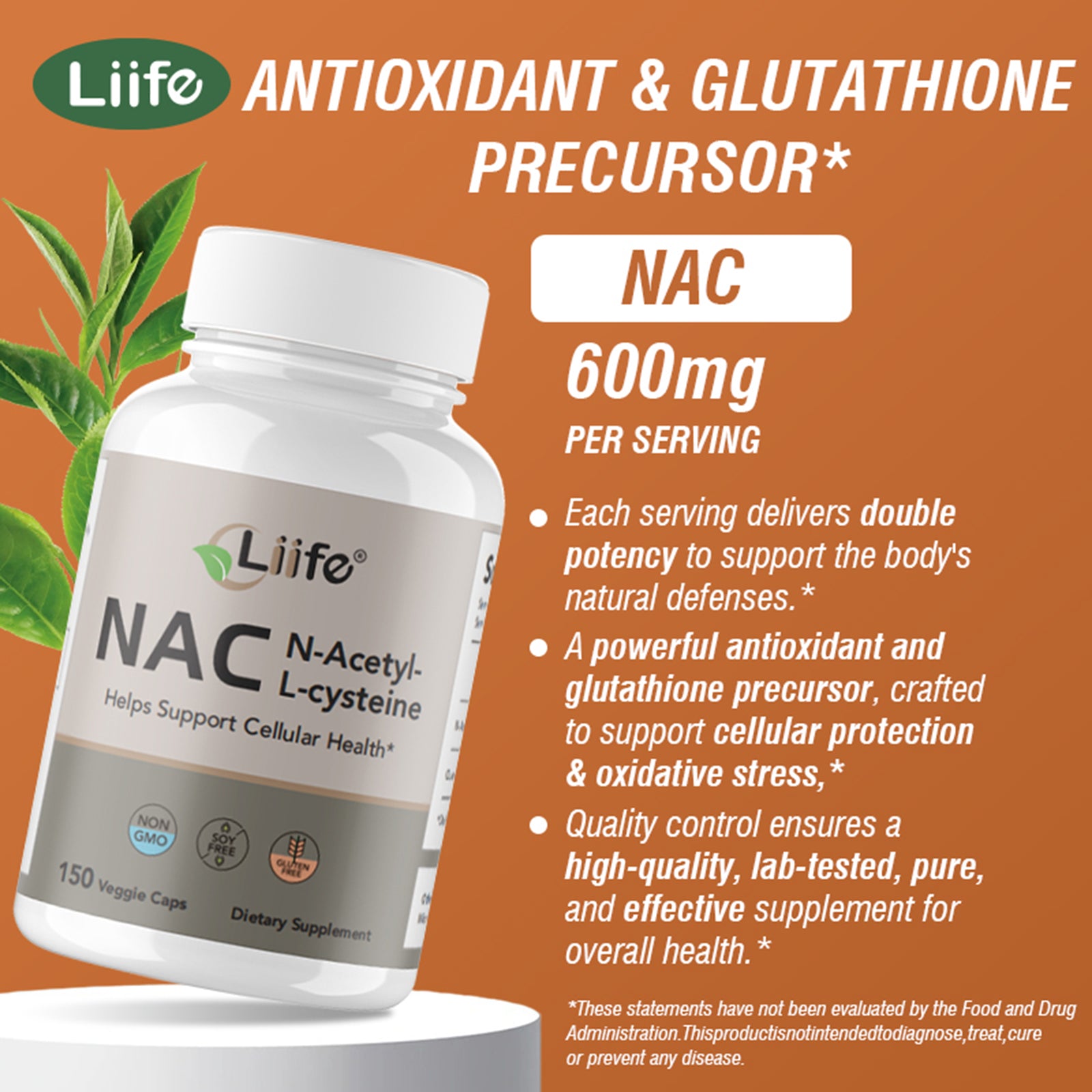 LIIFE NAC (N-Acetylcysteine), 600mg, with L-Methylfolate and Quercetin, Antioxidant, Respiratory Health, Immune & Thyroid Support, Non-GMO, Gluten-Free, Soy-Free, 150 Vegan Capsules