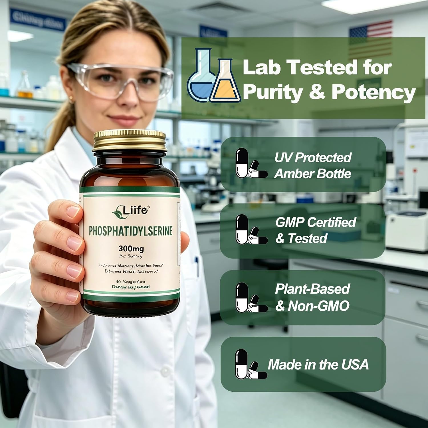 Liife Phosphatidylserine Supplement 300mg Per Serving,60 Veggie Caps，4-in-1 PS Supplement,Supports Cognitive Health and Brain Function