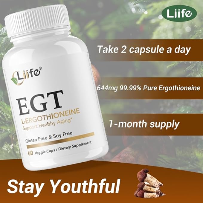 LIIFE L-Ergothioneine Supplement (EGT) 30mg,Compound Antioxidant Supplement (May Support Longevity and Healthy Aging) Promotes Skin Health，60 Capsules，Non-GMO, Gluten Free, Vegan Safe