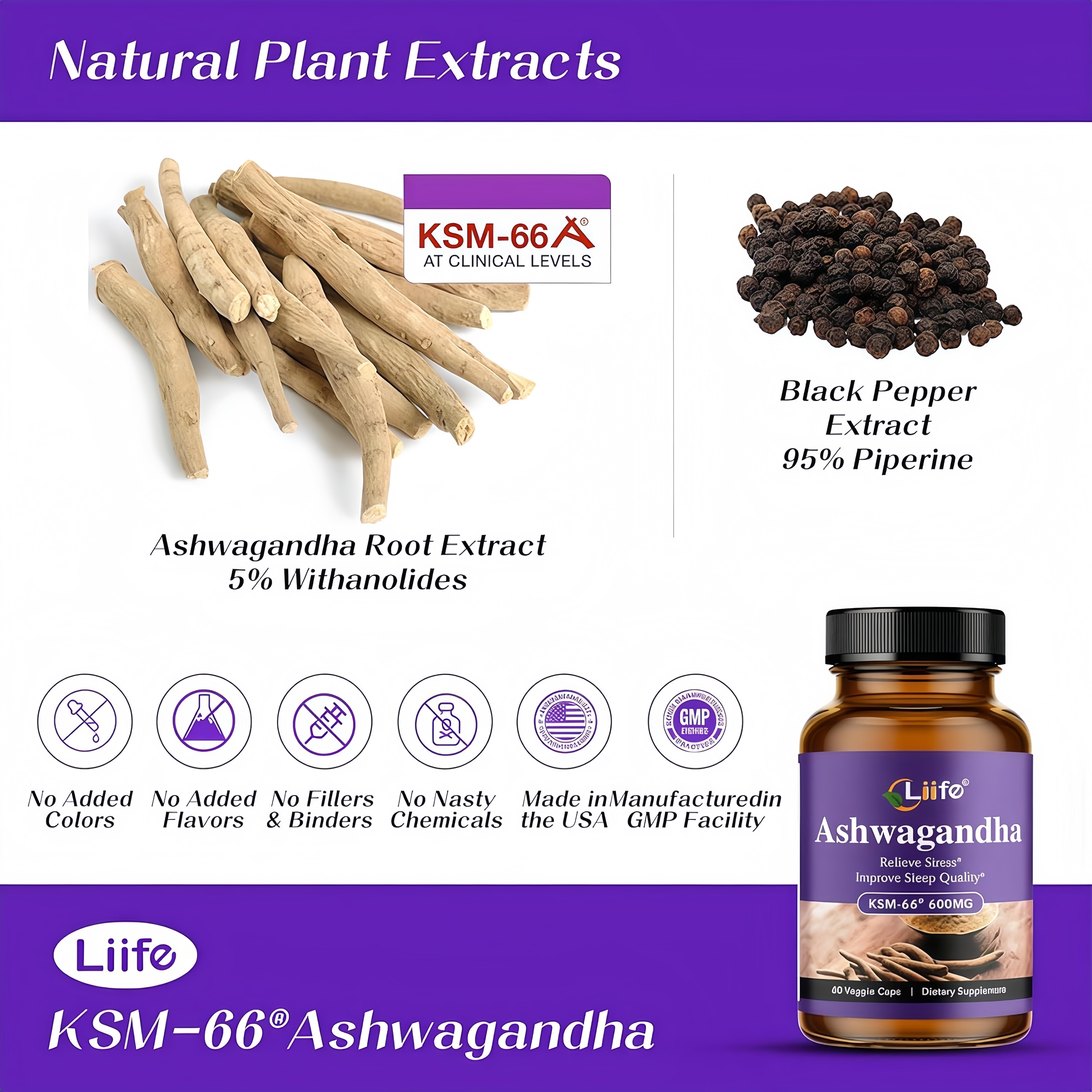 LIIFE KSM-66 Ashwagandha | with L-Theanine &Black Pepper| Natural Stress Relief, Cortisol & Sleep Aid Supplement for Men & Women | Muscle Growth & Mood Relaxation, Energy |60 Veggie Capsules