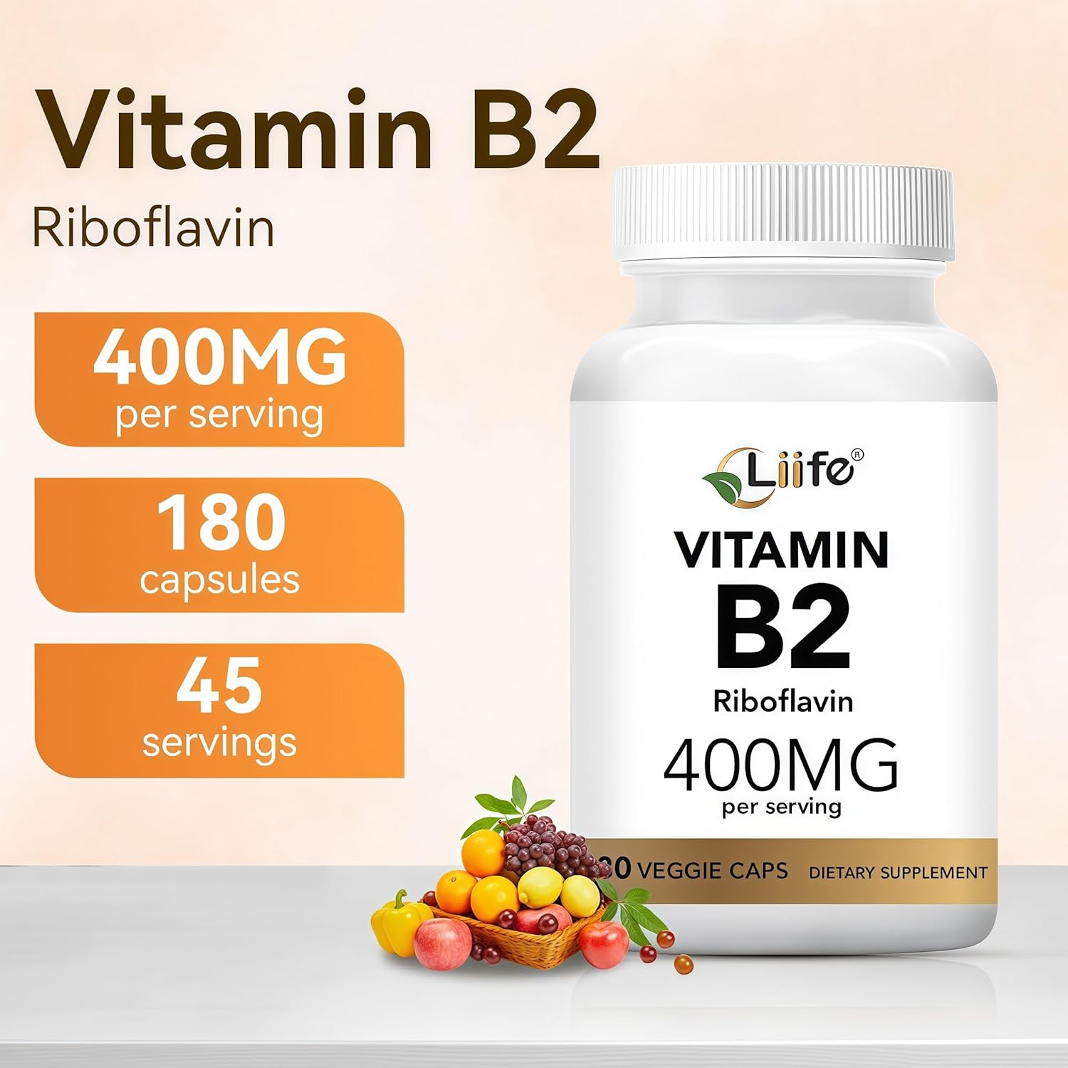 LIIFE High-Dose Vitamin B2 (Riboflavin) 400mg - 180 Vegan Capsules, Energy Metabolism & Mucous Membrane Support, Skin Health Supports Migraine Relief, Gluten-Free Non-GMO