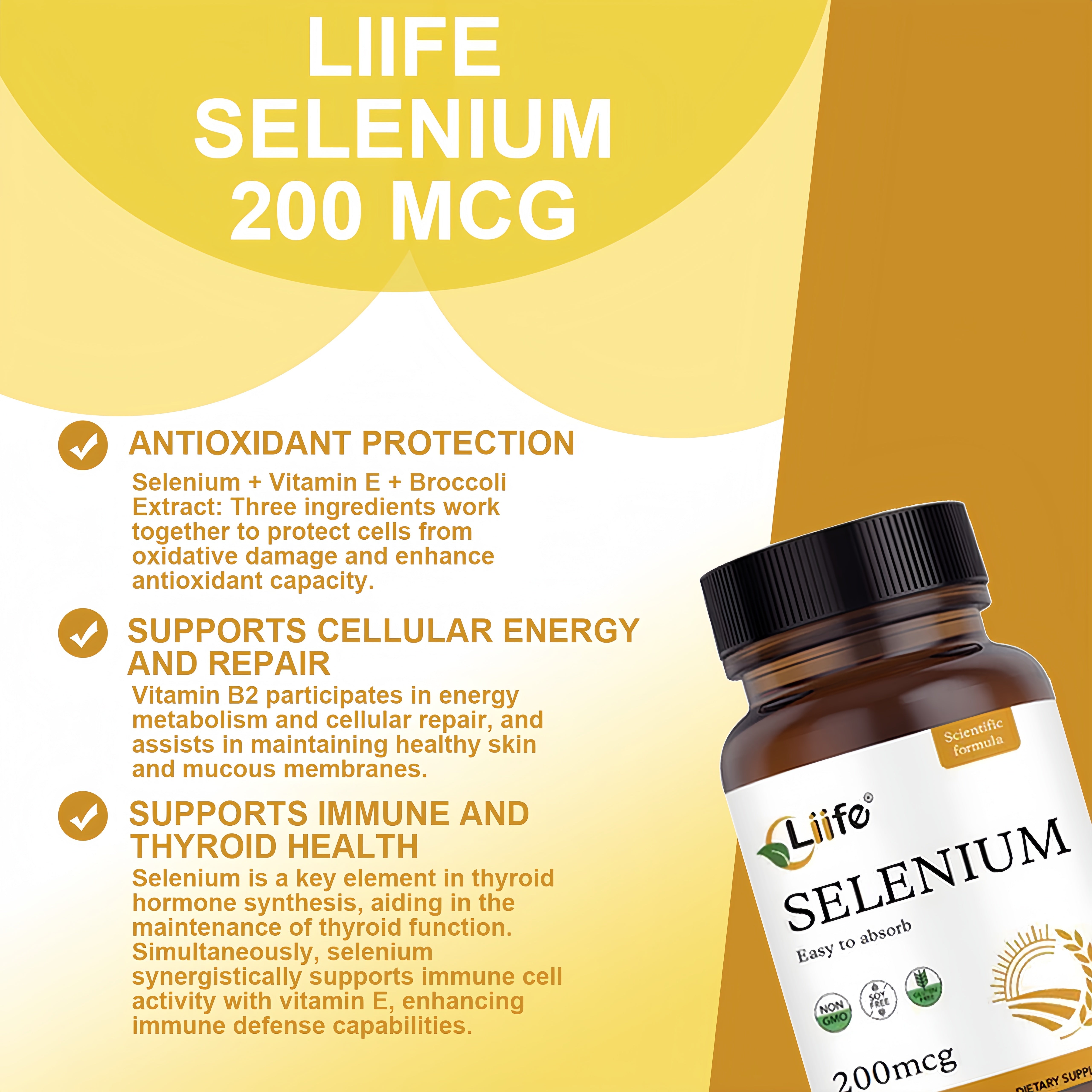 LIIFE Selenium 200 mcg-L-Selenomethionine with Vitamin E & Vitamin B2- Antioxidant for Energy, Heart, & Immune Support