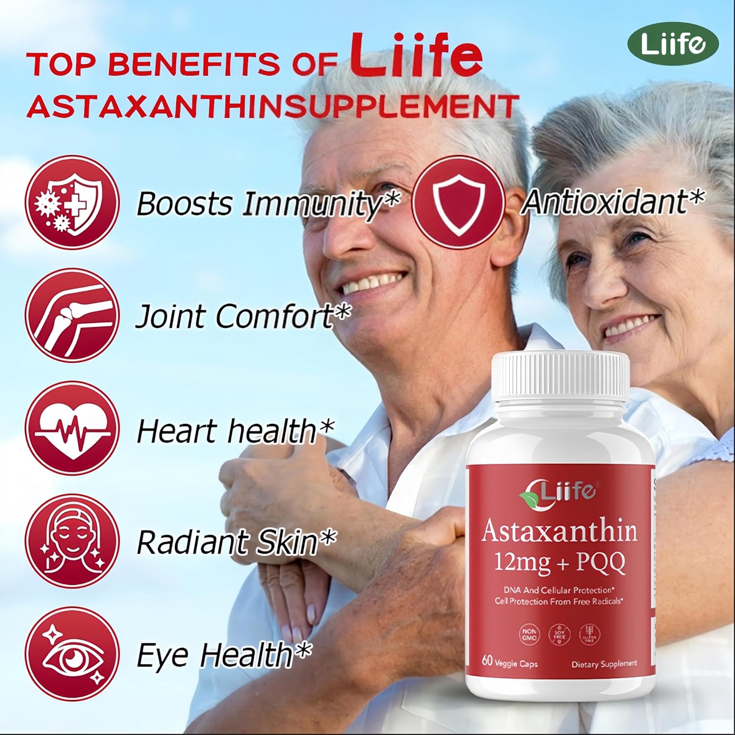 LIIFE Astaxanthin + PQQ | Source of Haematococcus pluvialis | Supports Eye, Joint, Skin & Internal Circulation Health | Natural Tanning & Antioxidant Support | 60 Softgels