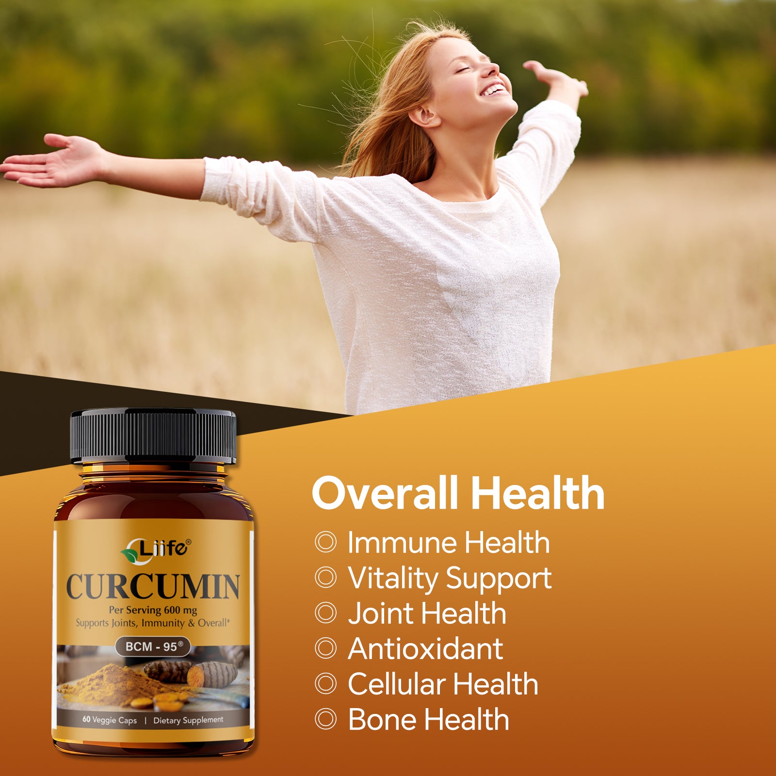 LIIFE Turmeric Curcumin Supplement BCM-95® Curcuminoids- 600mg Organic Turmeric with Vitamin D3 Per Serving High Absorption-Non GMO Tumeric Capsules for Joint Support,Bottled in USA - 60 Capsules
