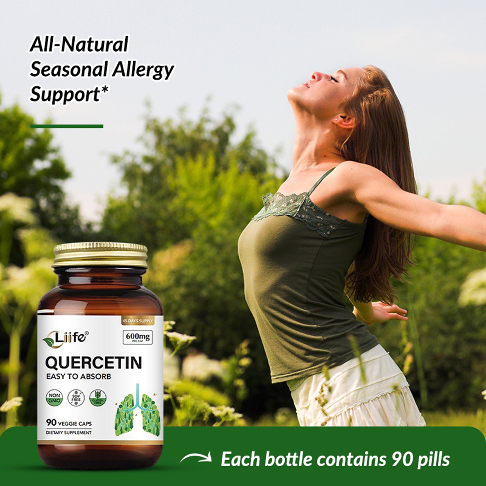LIIFE Quercetin with Bromelain 600mg, Supports Lung Function, Immune Health & Antioxidant Defense, Non-GMO, Soy-Free, Gluten-Free, 90 Capsules