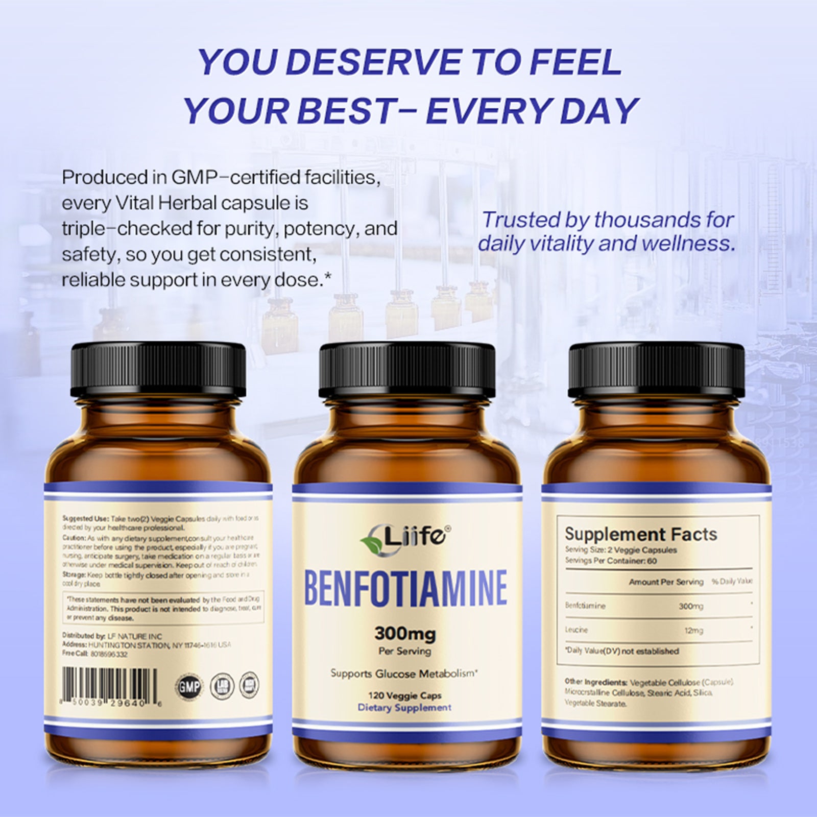 LIIFE Benfotiamine 300mg Per Serving with Leucine Supports Glucose Metabolism & Overall Health,Fat Soluble Vitamin B1 Supplement -120 Veggie Capsules