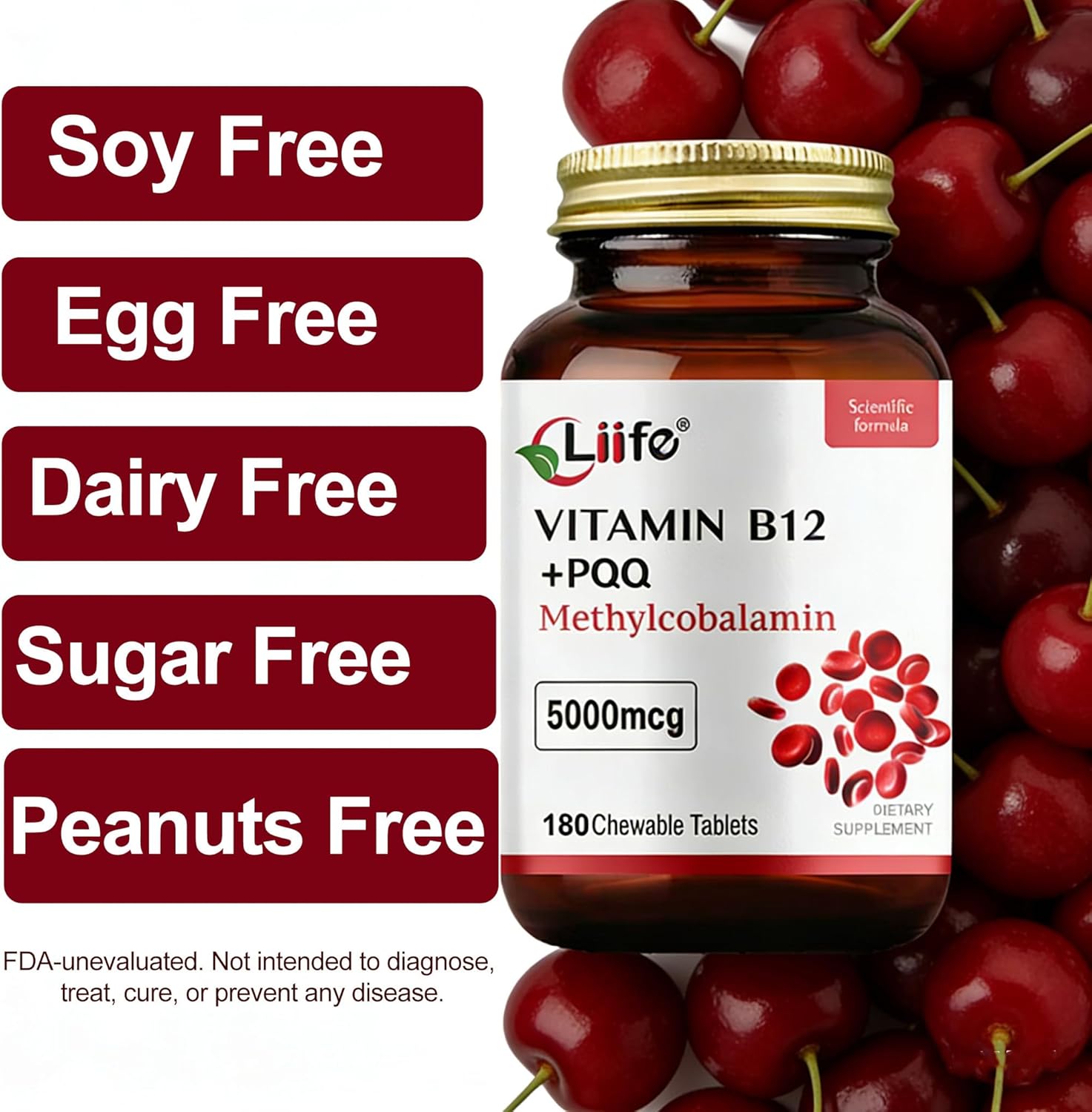 LIIFE Methylcobalamin (Higher PQQ + Vitamin B12) 5000 mcg | Boosts Antioxidant Power & Mitochondrial Support, Promotes Brain & Nerve Health | 180 Chewable Tablets, Gluten-Free Formula, Cherry Flavor
