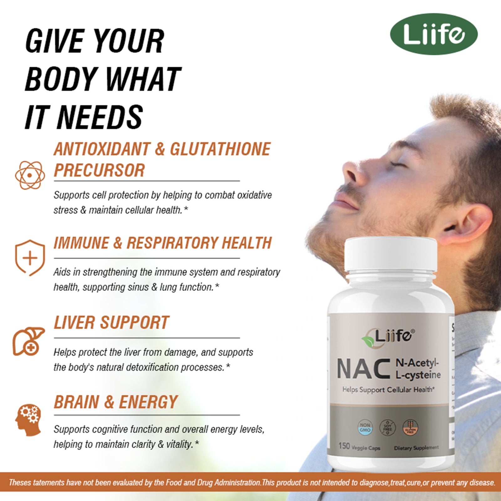 LIIFE NAC (N-Acetylcysteine), 600mg, with L-Methylfolate and Quercetin, Antioxidant, Respiratory Health, Immune & Thyroid Support, Non-GMO, Gluten-Free, Soy-Free, 150 Vegan Capsules