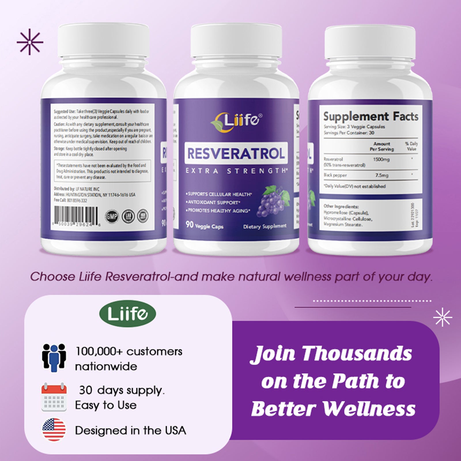 LIIFE Resveratrol Supplement with Trans-Resveratrol & Black Pepper Extract | Antioxidant Support for Cellular Health, Energy & Healthy Aging,