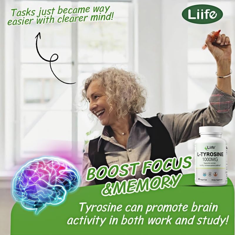 LIIFE L-Tyrosine 1000mg, Supports Normal Healthy Nervous System Activity, enhances Focus, and eases Mood* - 90 Capsules - Gluten-Free & Non-GMO