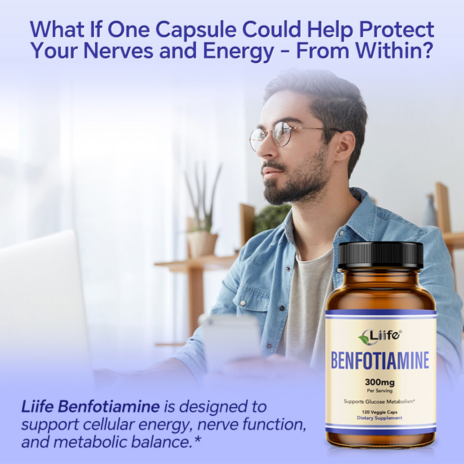 LIIFE Benfotiamine 300mg Per Serving with Leucine Supports Glucose Metabolism & Overall Health,Fat Soluble Vitamin B1 Supplement -120 Veggie Capsules