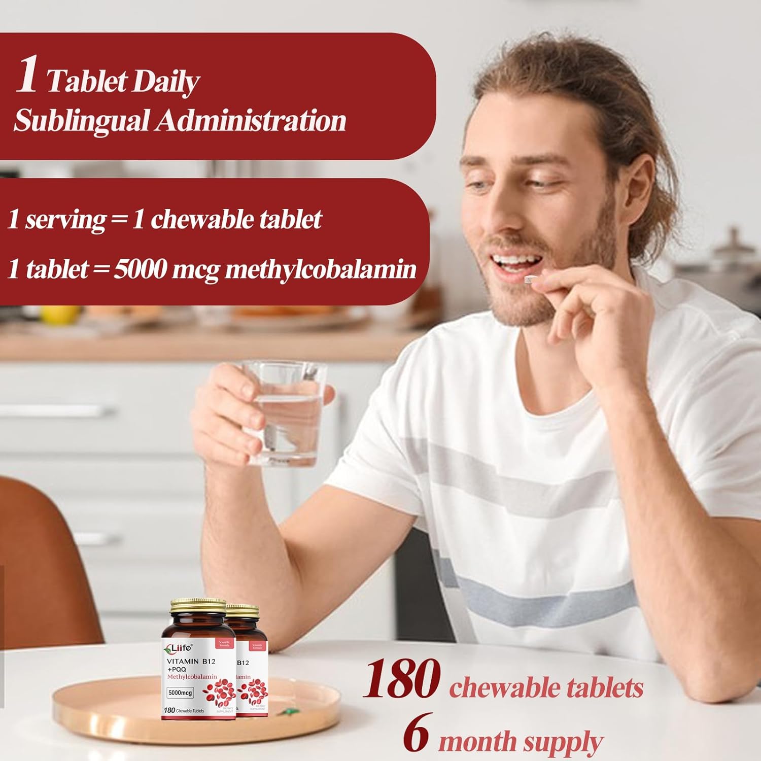 LIIFE Methylcobalamin (Higher PQQ + Vitamin B12) 5000 mcg | Boosts Antioxidant Power & Mitochondrial Support, Promotes Brain & Nerve Health | 180 Chewable Tablets, Gluten-Free Formula, Cherry Flavor
