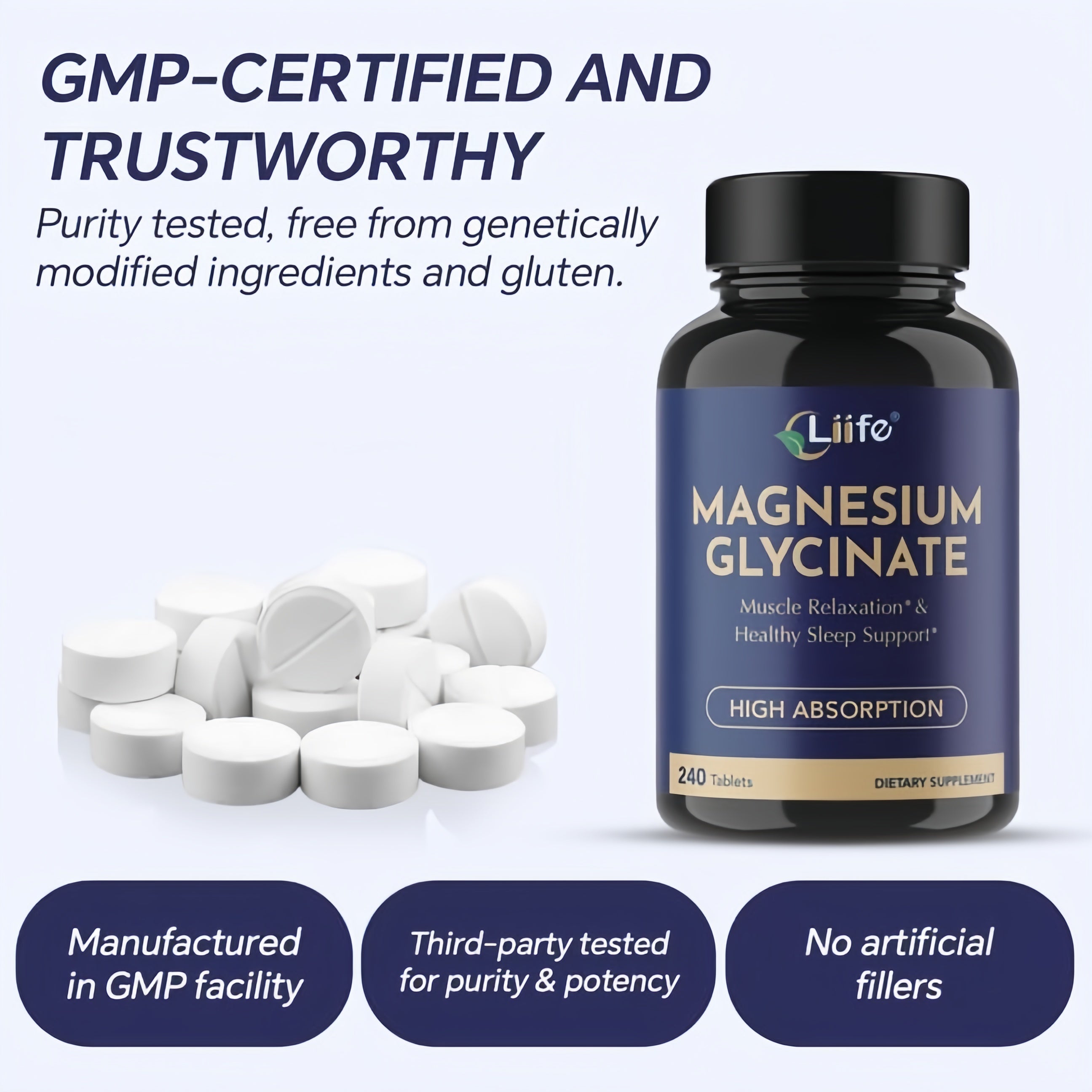 LIIFE Magnesium Glycinate 100mg, Chelated Magnesium with GABA Complex, Supports Restful Sleep, Stress Relief, Bone & Heart Health, High Absorption, 240 Tablets