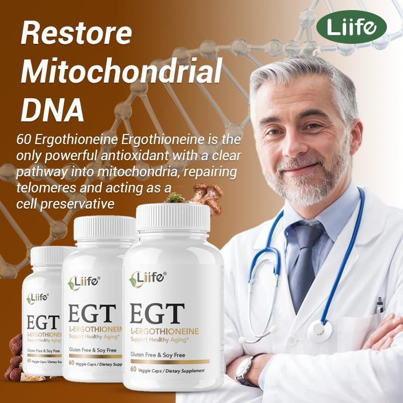 LIIFE L-Ergothioneine Supplement (EGT) 30mg,Compound Antioxidant Supplement (May Support Longevity and Healthy Aging) Promotes Skin Health，60 Capsules，Non-GMO, Gluten Free, Vegan Safe