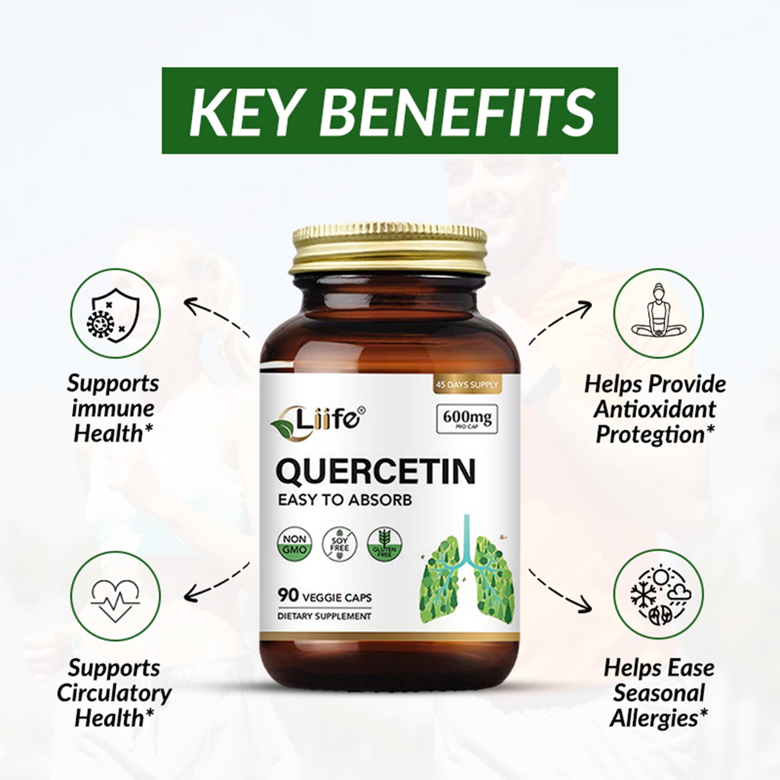 LIIFE Quercetin with Bromelain 600mg, Supports Lung Function, Immune Health & Antioxidant Defense, Non-GMO, Soy-Free, Gluten-Free, 90 Capsules