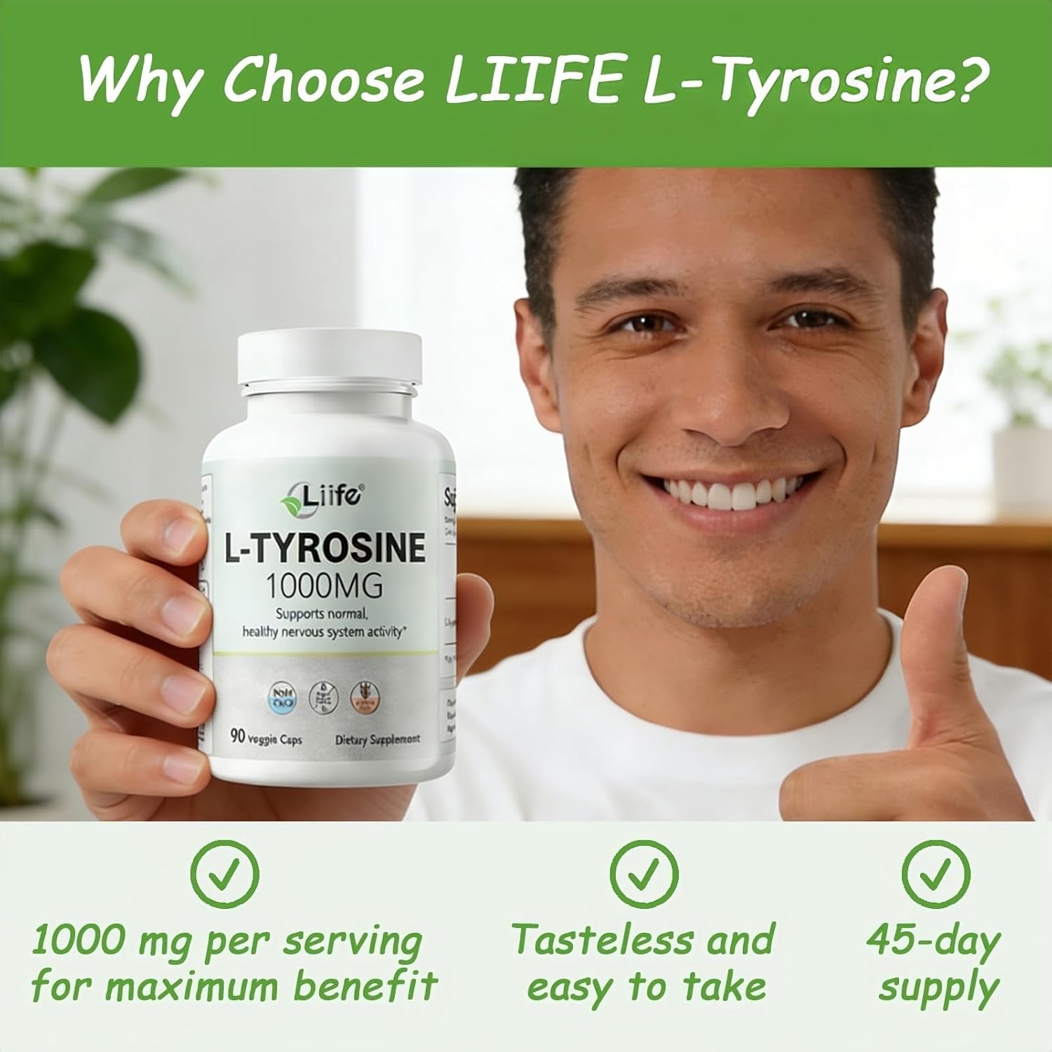 LIIFE L-Tyrosine 1000mg, Supports Normal Healthy Nervous System Activity, enhances Focus, and eases Mood* - 90 Capsules - Gluten-Free & Non-GMO