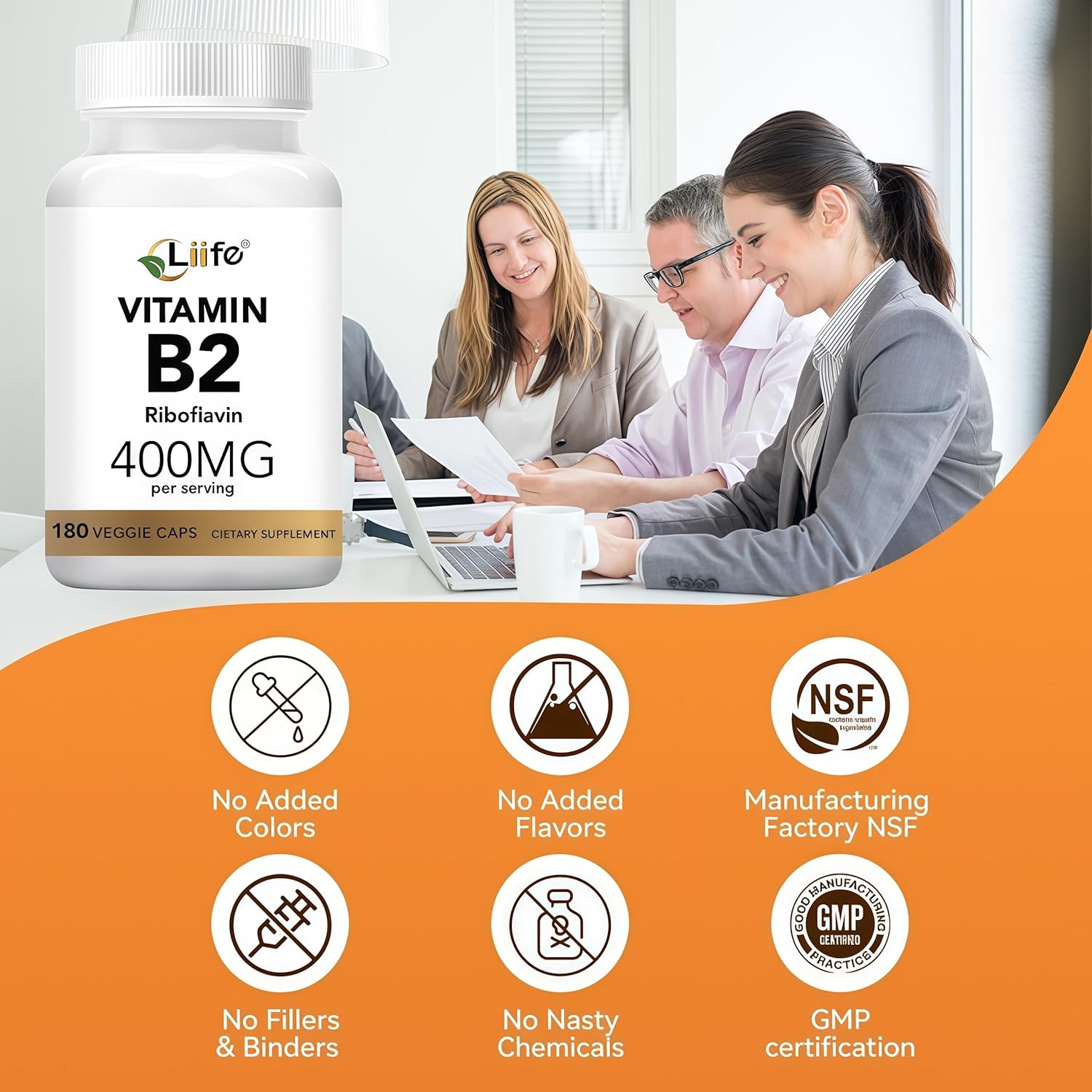 LIIFE High-Dose Vitamin B2 (Riboflavin) 400mg - 180 Vegan Capsules, Energy Metabolism & Mucous Membrane Support, Skin Health Supports Migraine Relief, Gluten-Free Non-GMO