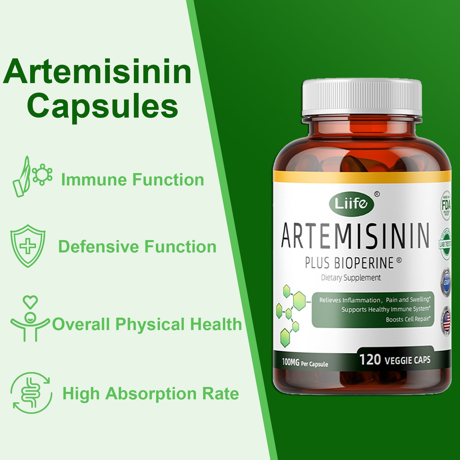 LIIFE Artemisinin (from Sweet Wormwood) with Bioperine, 100mg — Supports Immune System, Cellular Health, and Enhanced Absorption, Non-GMO, 120 Vegetarian Capsules