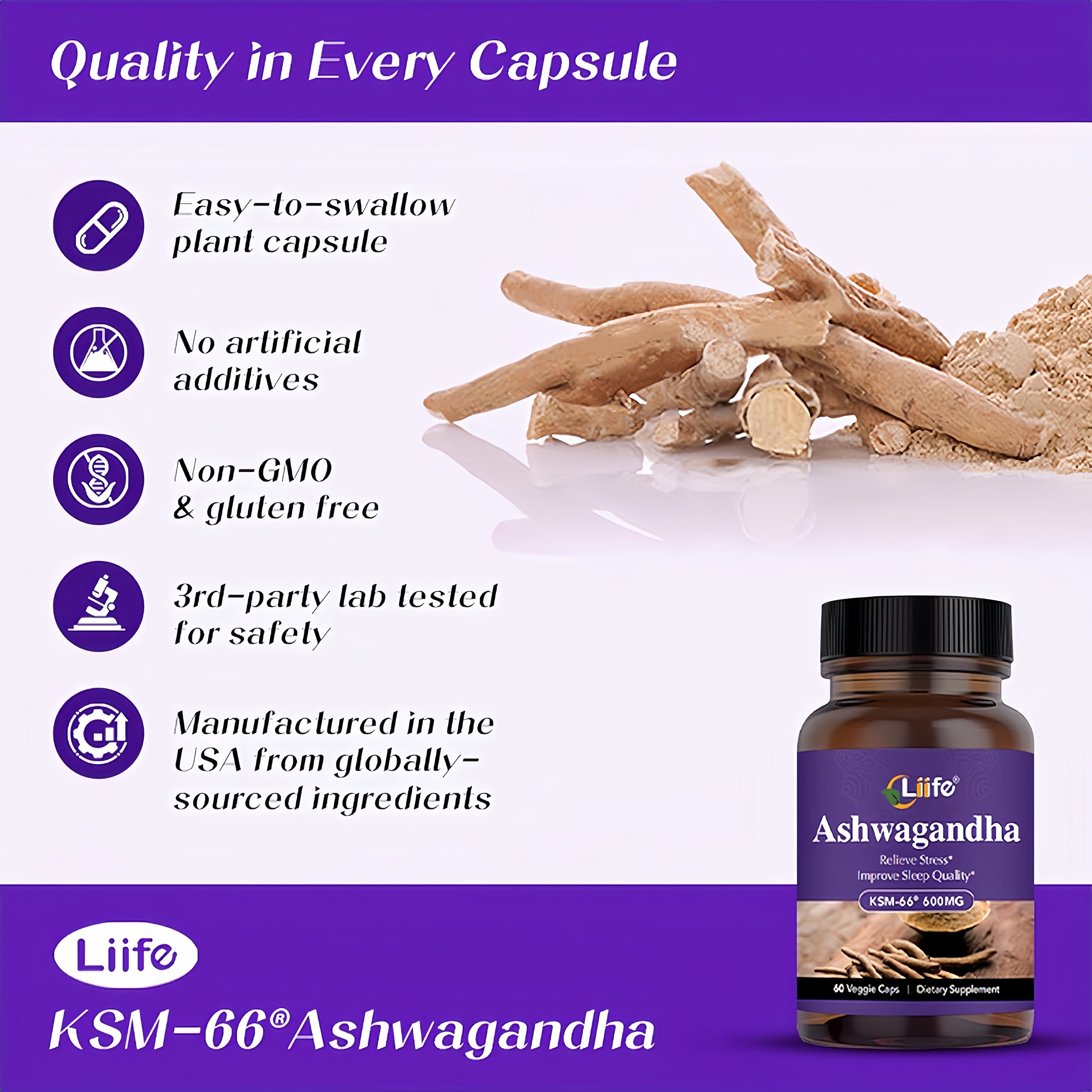 LIIFE KSM-66 Ashwagandha | with L-Theanine &Black Pepper| Natural Stress Relief, Cortisol & Sleep Aid Supplement for Men & Women | Muscle Growth & Mood Relaxation, Energy |60 Veggie Capsules