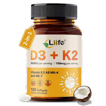 LIIFE Vitamin D3 K2（MK7+MK4） Supplement 5000IU with Organic Extra Virgin Coconut Oil - Supports Calcium Absorption, Bone & Immune Health- Non-GMO 120 Softgels