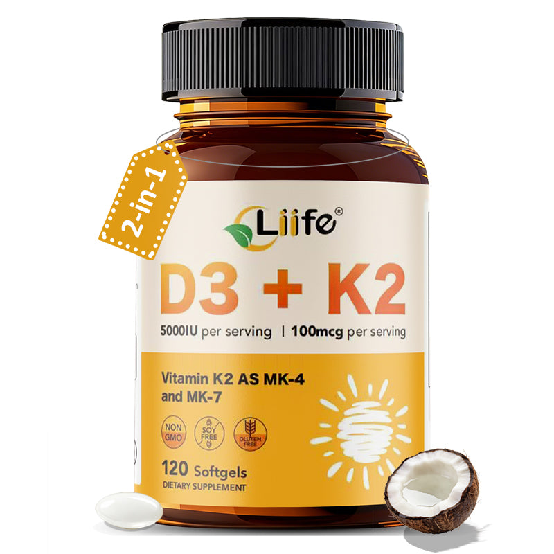 LIIFE Vitamin D3 K2（MK7+MK4） Supplement 5000IU with Organic Extra Virgin Coconut Oil - Supports Calcium Absorption, Bone & Immune Health- Non-GMO 120 Softgels