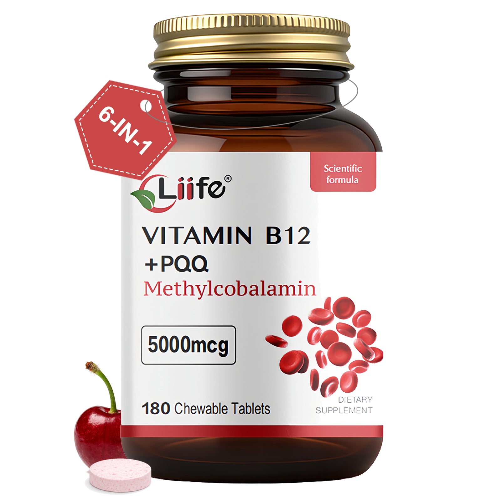 LIIFE Methylcobalamin (Higher PQQ + Vitamin B12) 5000 mcg | Boosts Antioxidant Power & Mitochondrial Support, Promotes Brain & Nerve Health | 180 Chewable Tablets, Gluten-Free Formula, Cherry Flavor